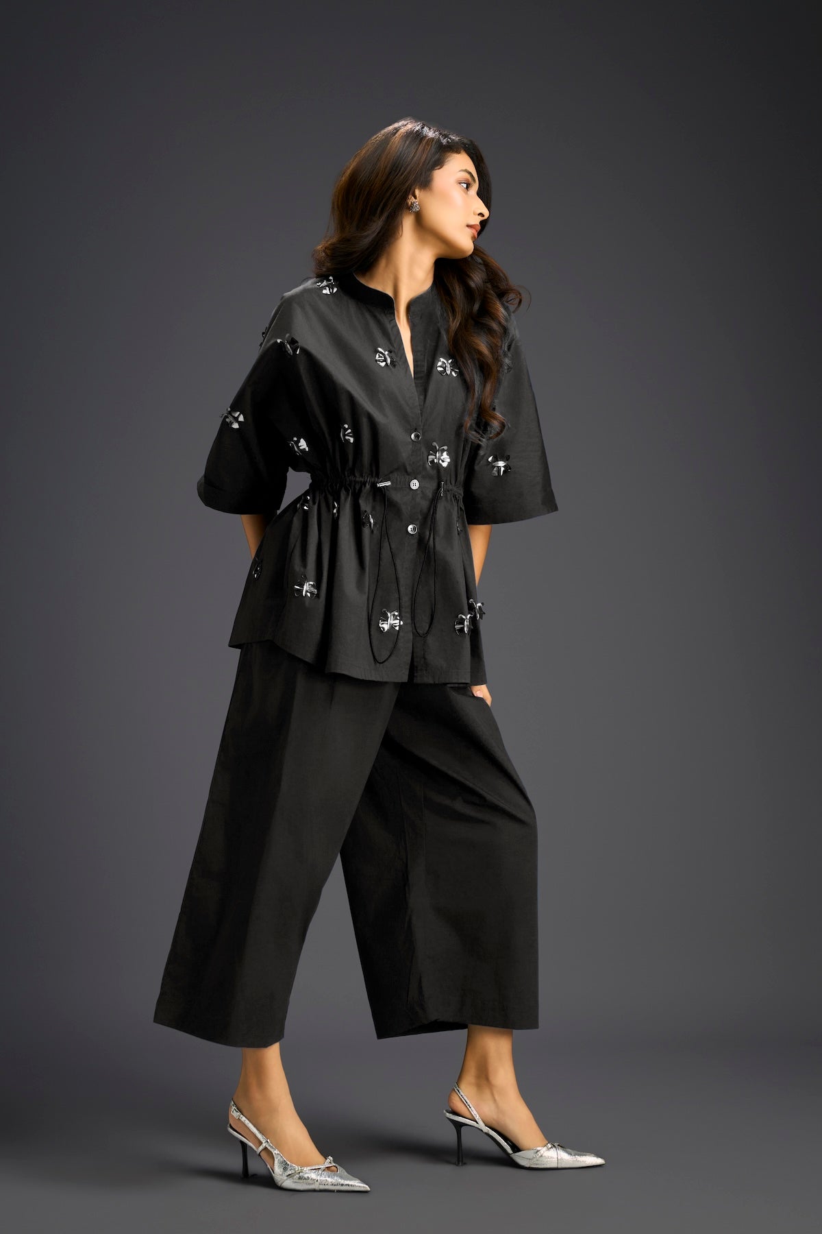Black Butterfly Embellished Drawstring Shirt & Wide-Leg Pants Set