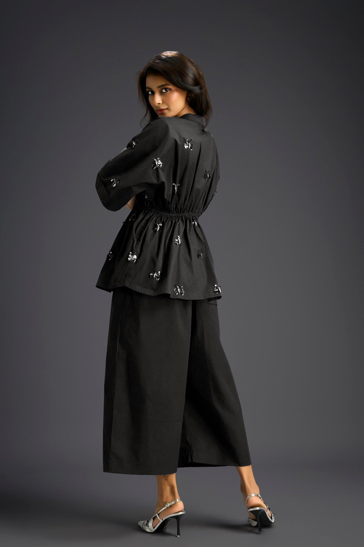 Black Butterfly Embellished Drawstring Shirt & Wide-Leg Pants Set