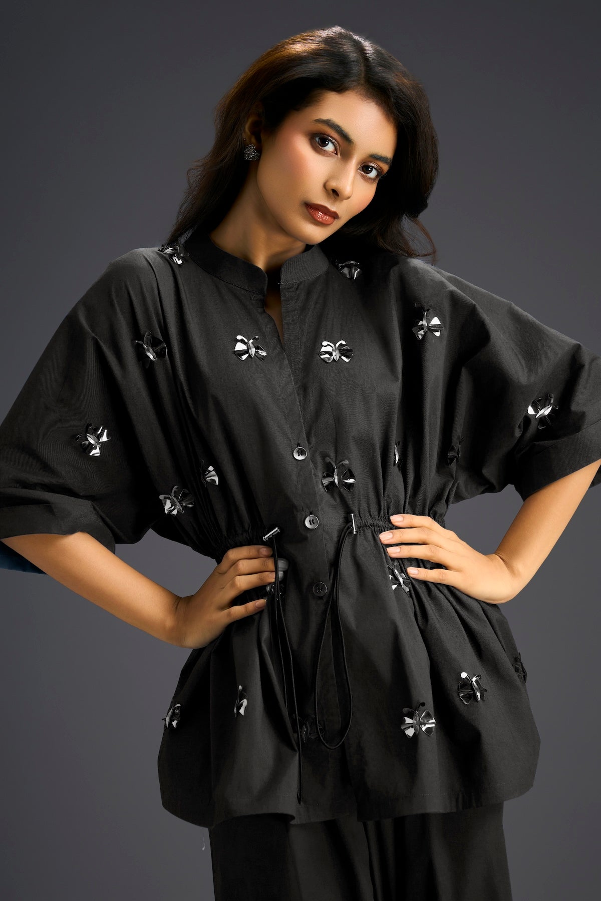 Black Butterfly Embellished Drawstring Shirt & Wide-Leg Pants Set