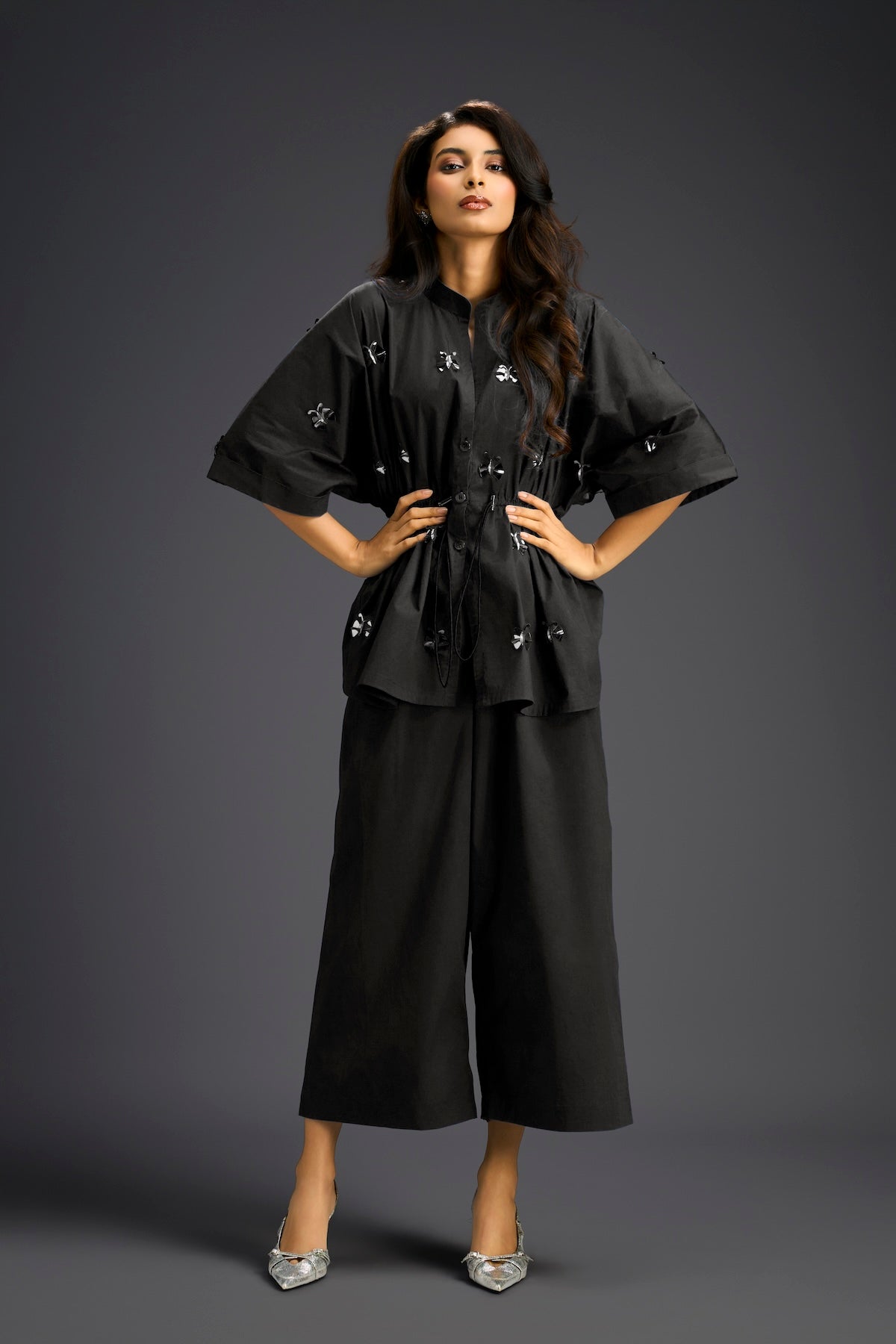 Black Butterfly Embellished Drawstring Shirt & Wide-Leg Pants Set