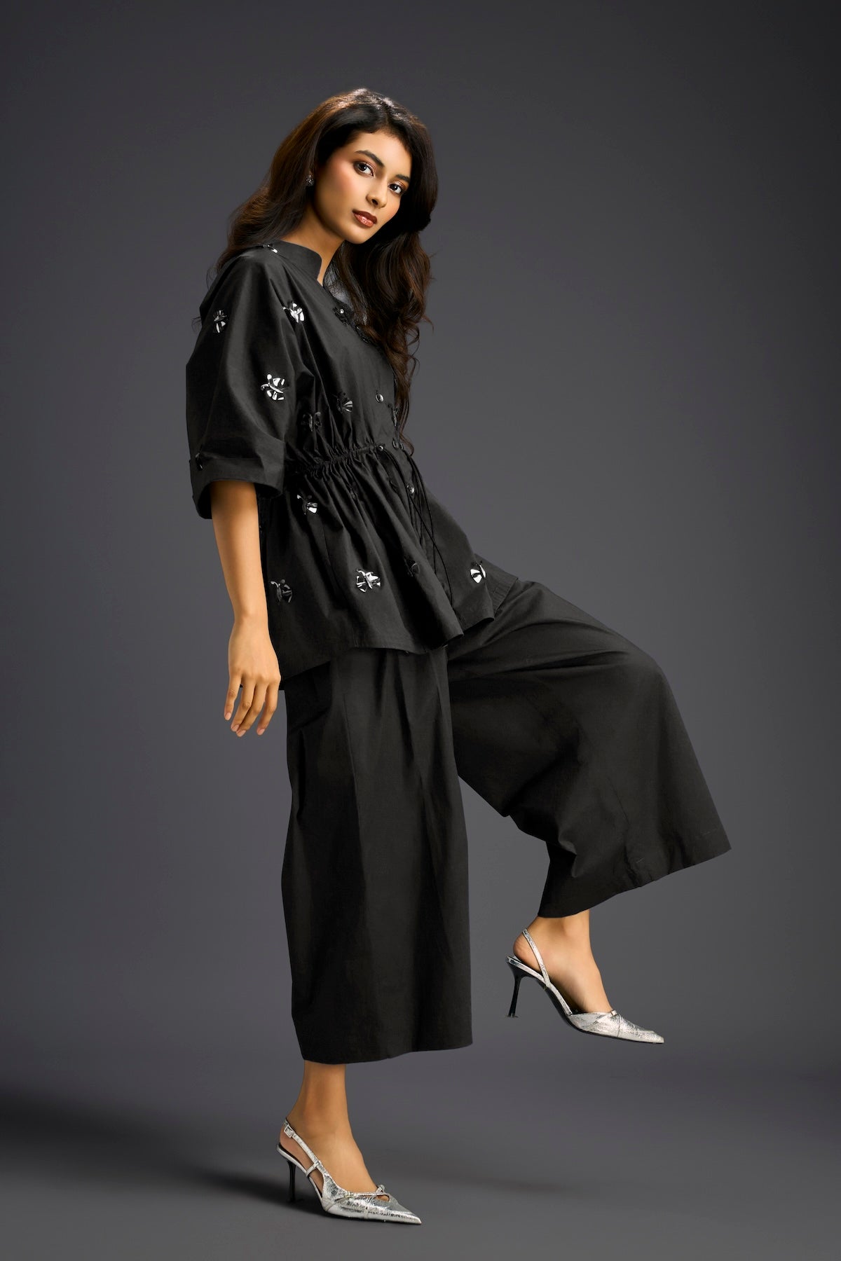 Black Butterfly Embellished Drawstring Shirt & Wide-Leg Pants Set