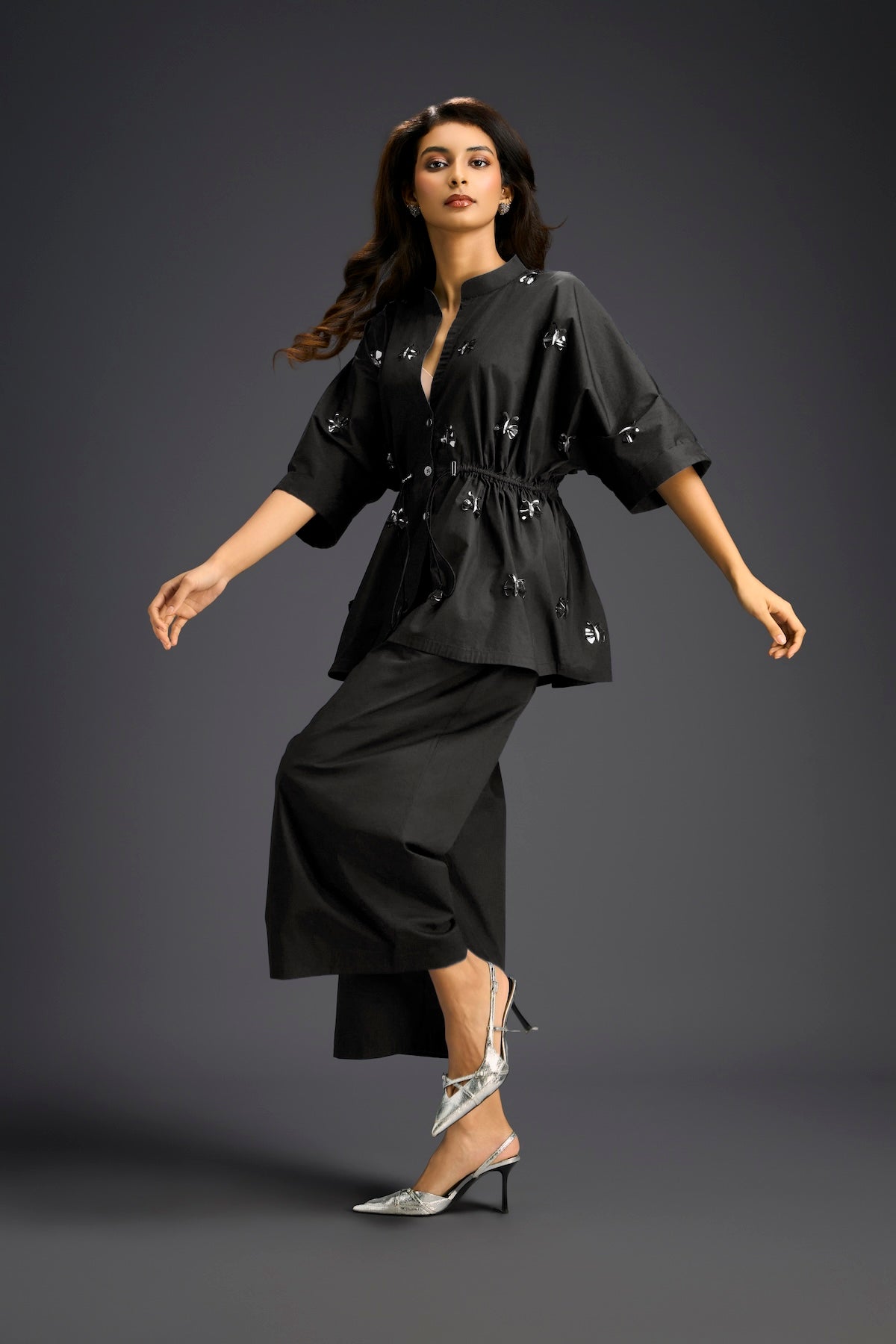 Black Butterfly Embellished Drawstring Shirt & Wide-Leg Pants Set