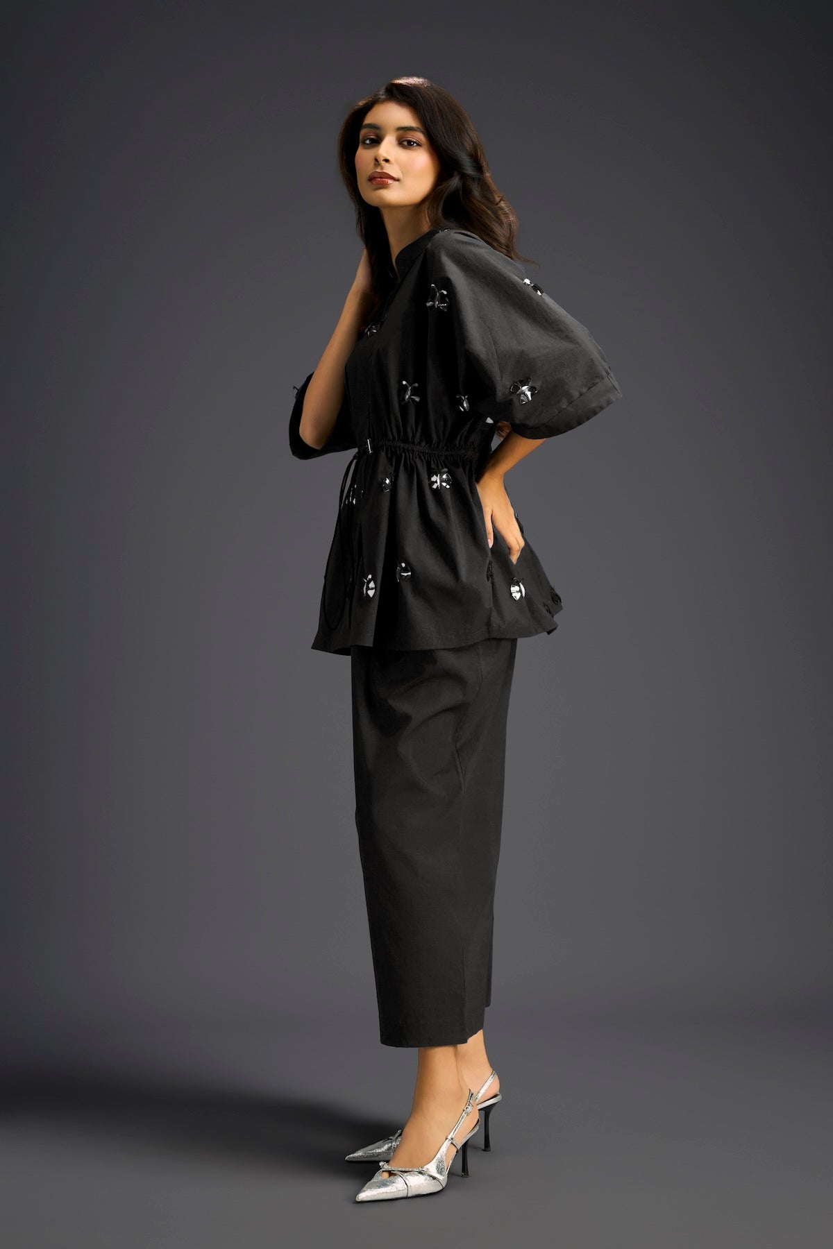 Black Butterfly Embellished Drawstring Shirt & Wide-Leg Pants Set