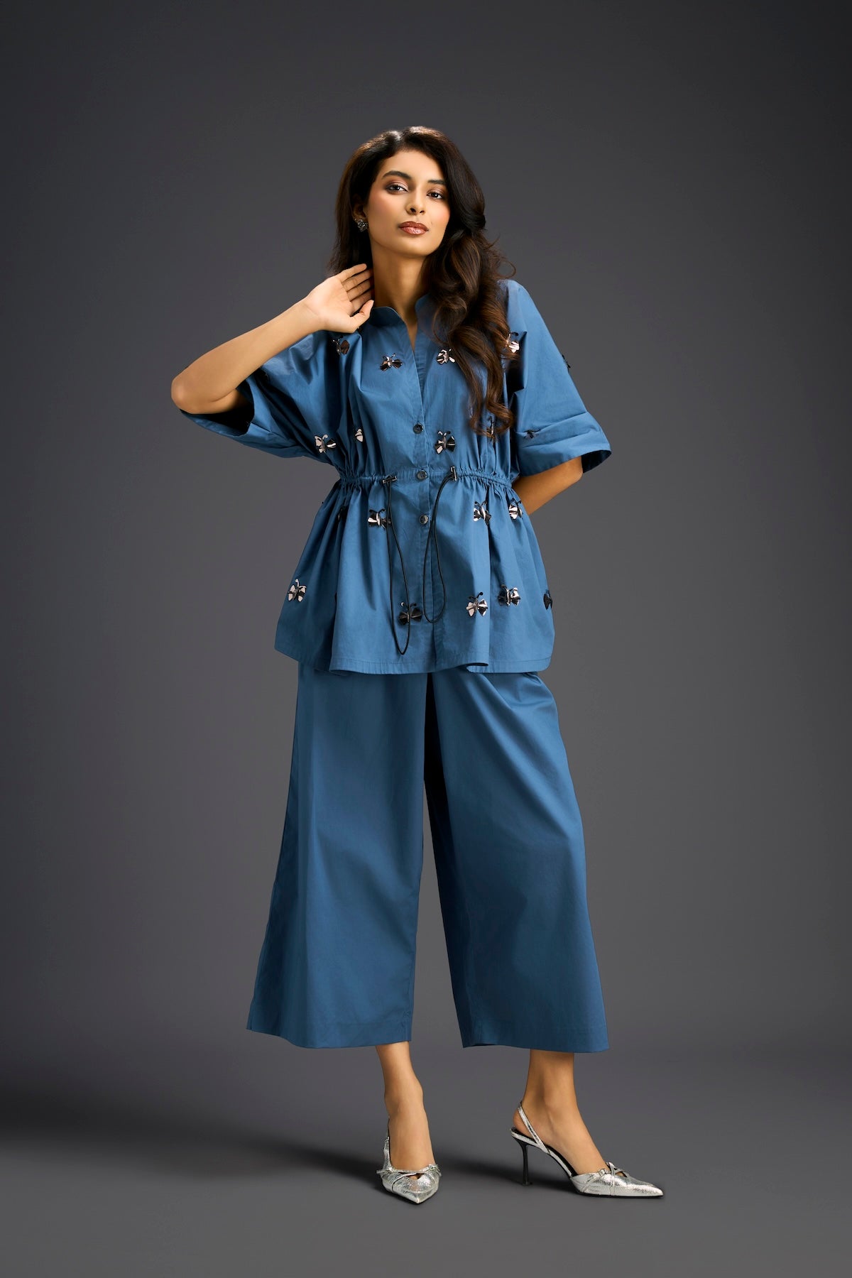 Blue Butterfly Embellished Drawstring Shirt & Wide-Leg Pants Set