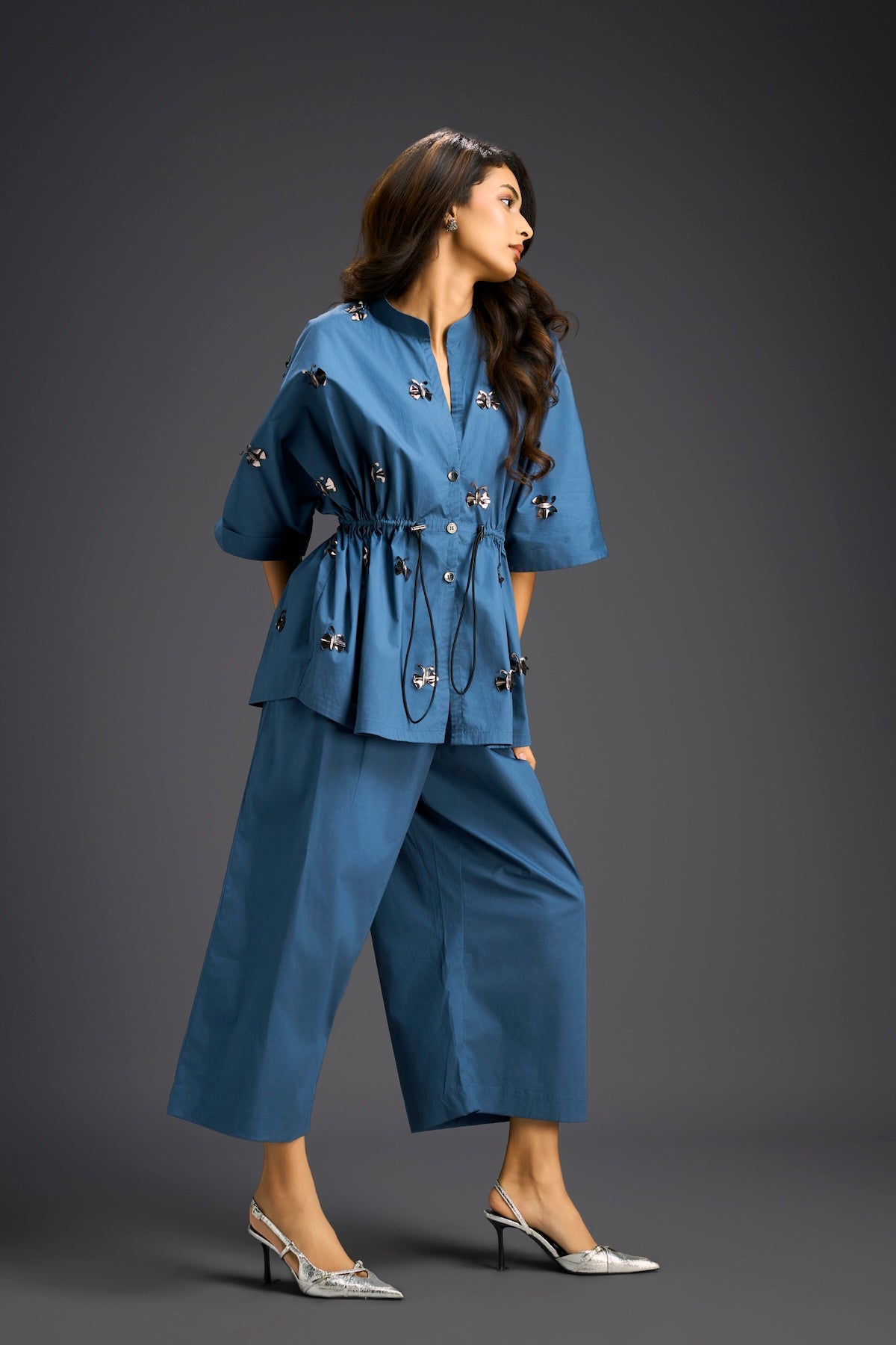 Blue Butterfly Embellished Drawstring Shirt & Wide-Leg Pants Set