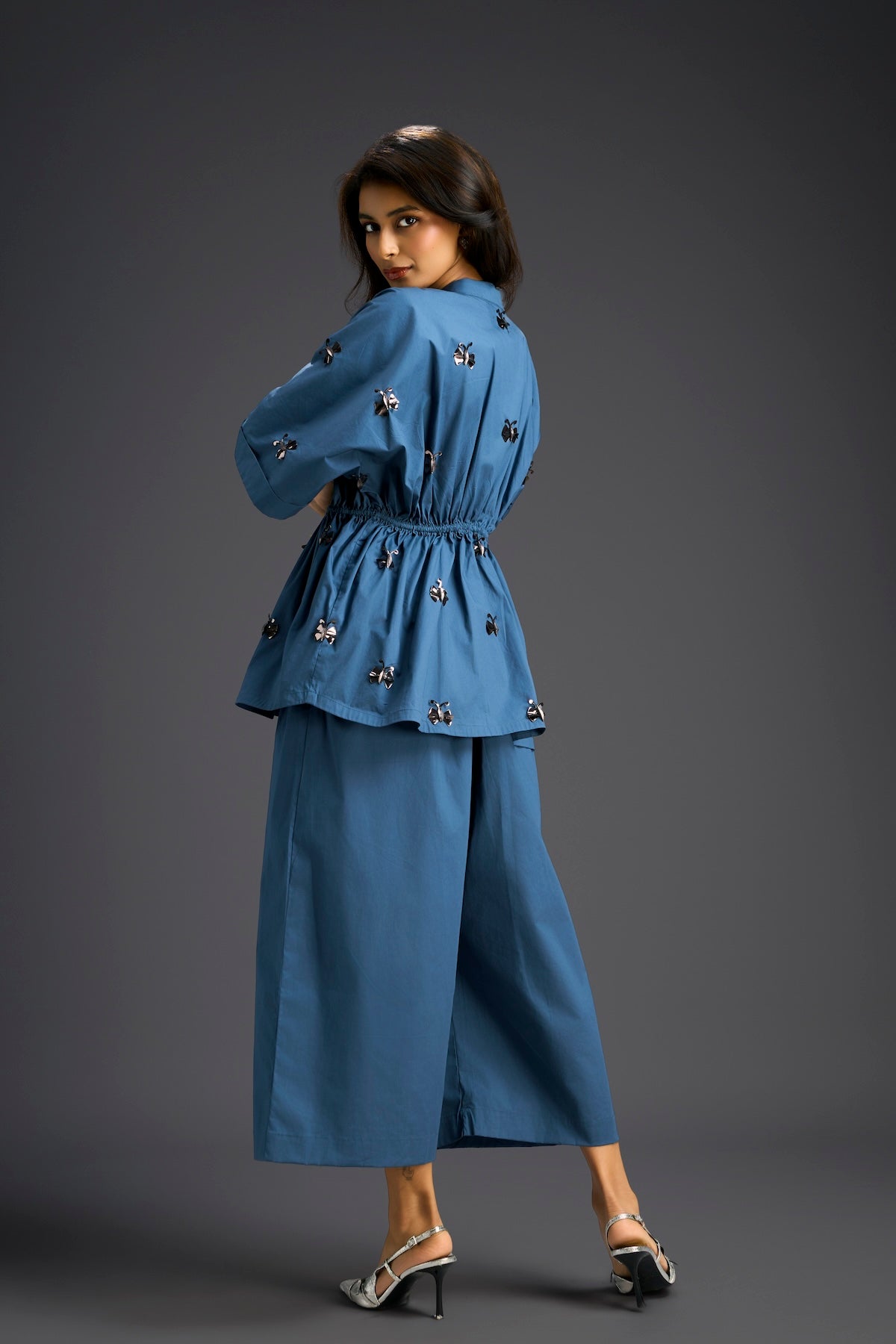 Blue Butterfly Embellished Drawstring Shirt & Wide-Leg Pants Set