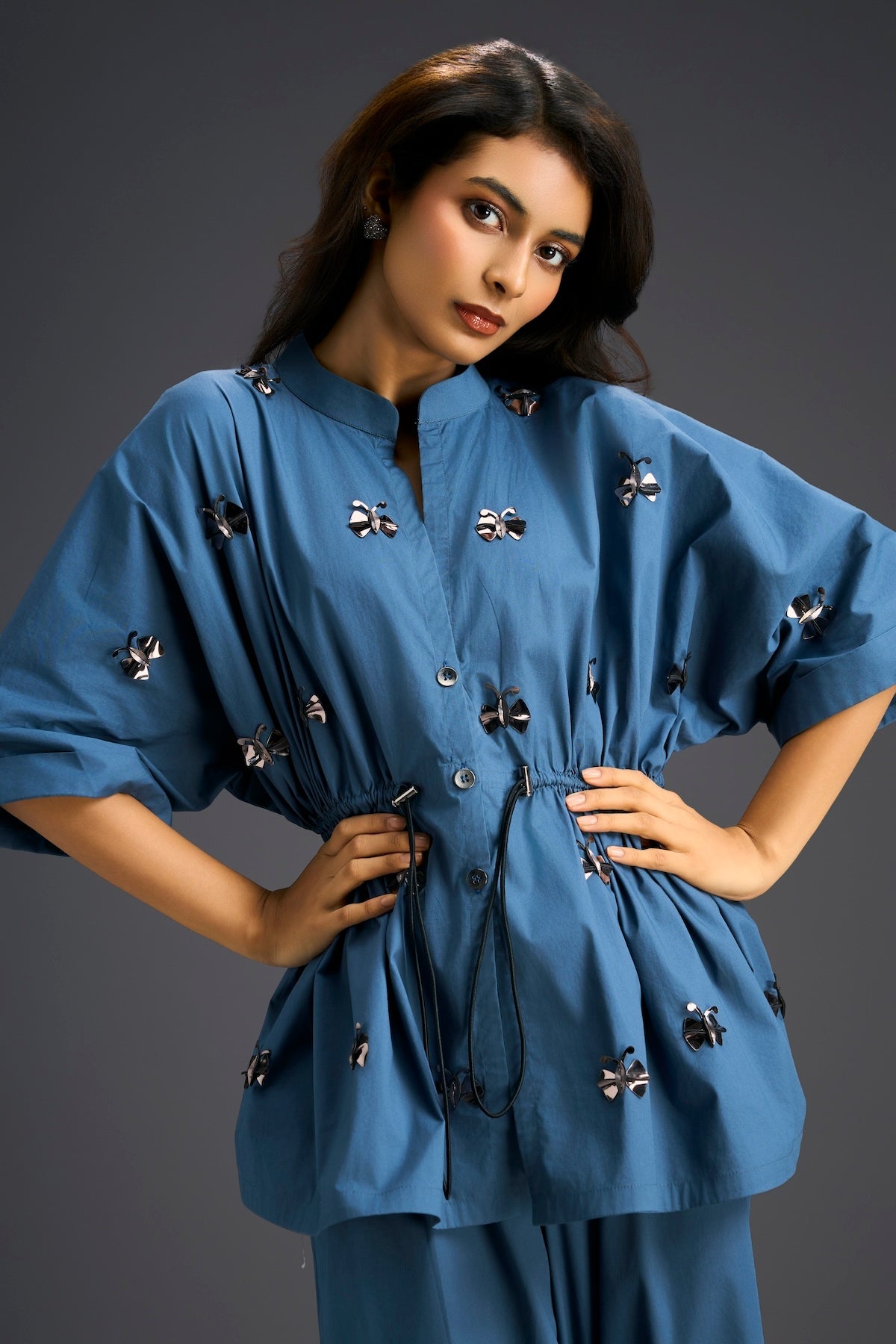 Blue Butterfly Embellished Drawstring Shirt & Wide-Leg Pants Set