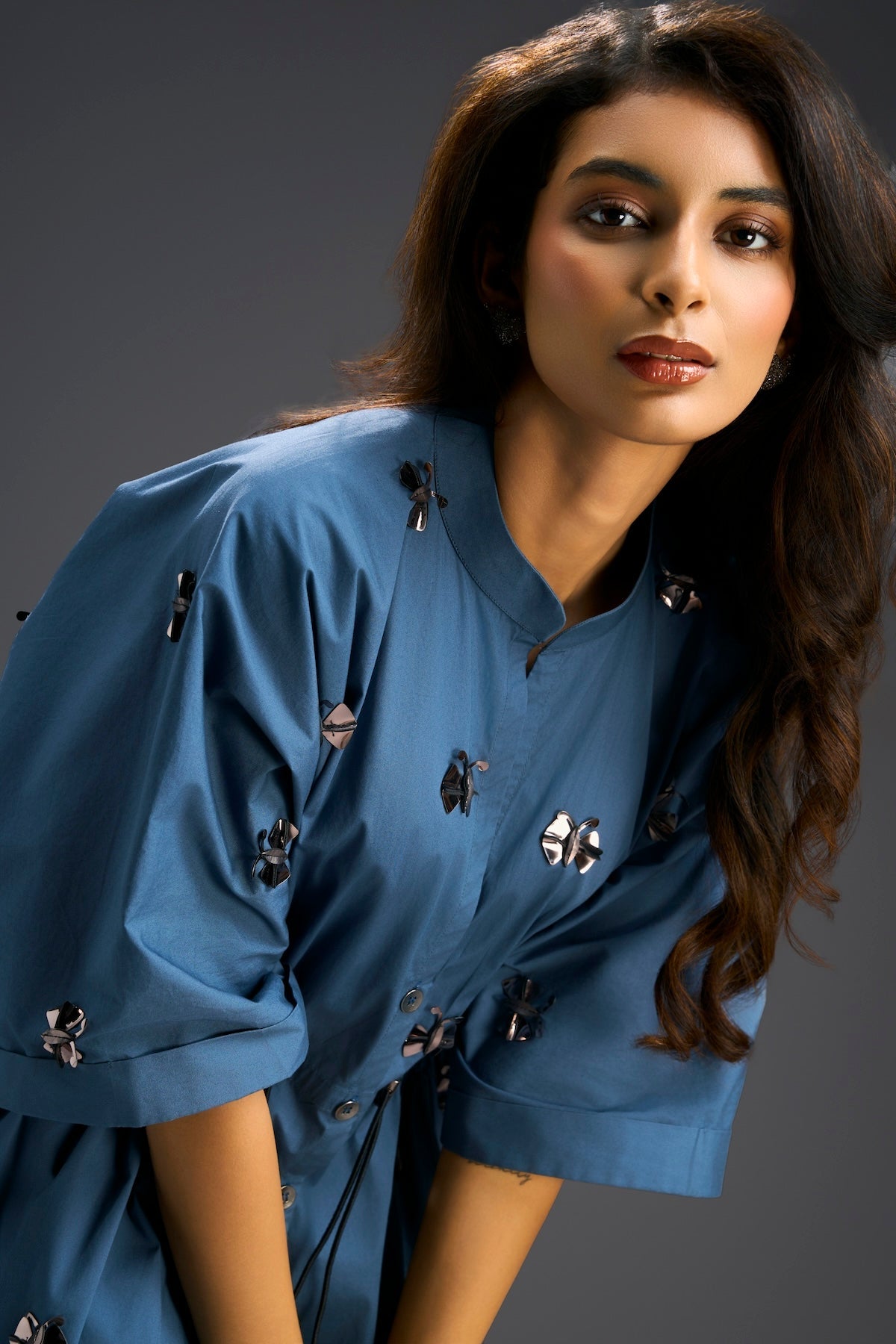 Blue Butterfly Embellished Drawstring Shirt & Wide-Leg Pants Set