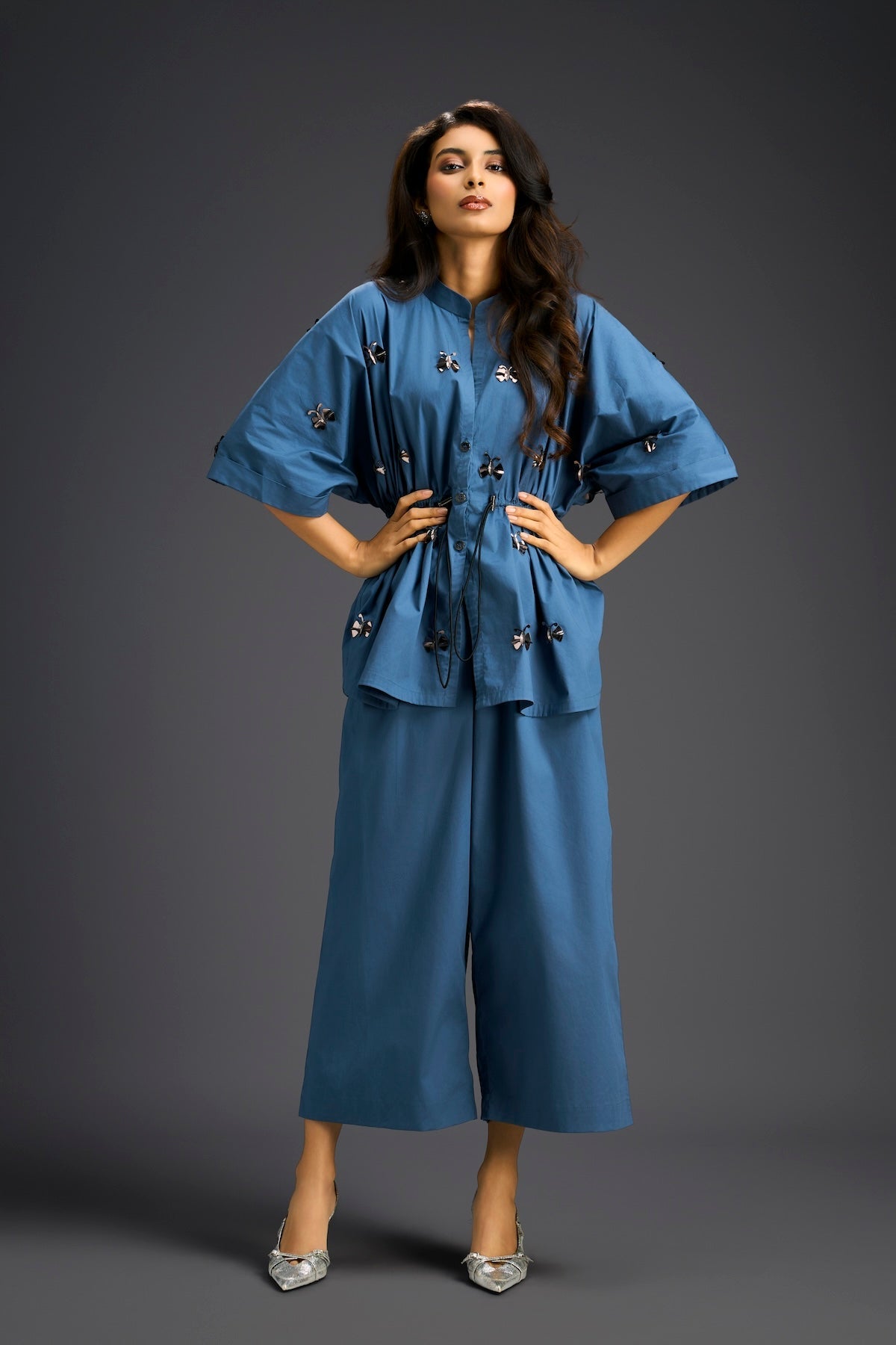 Blue Butterfly Embellished Drawstring Shirt & Wide-Leg Pants Set