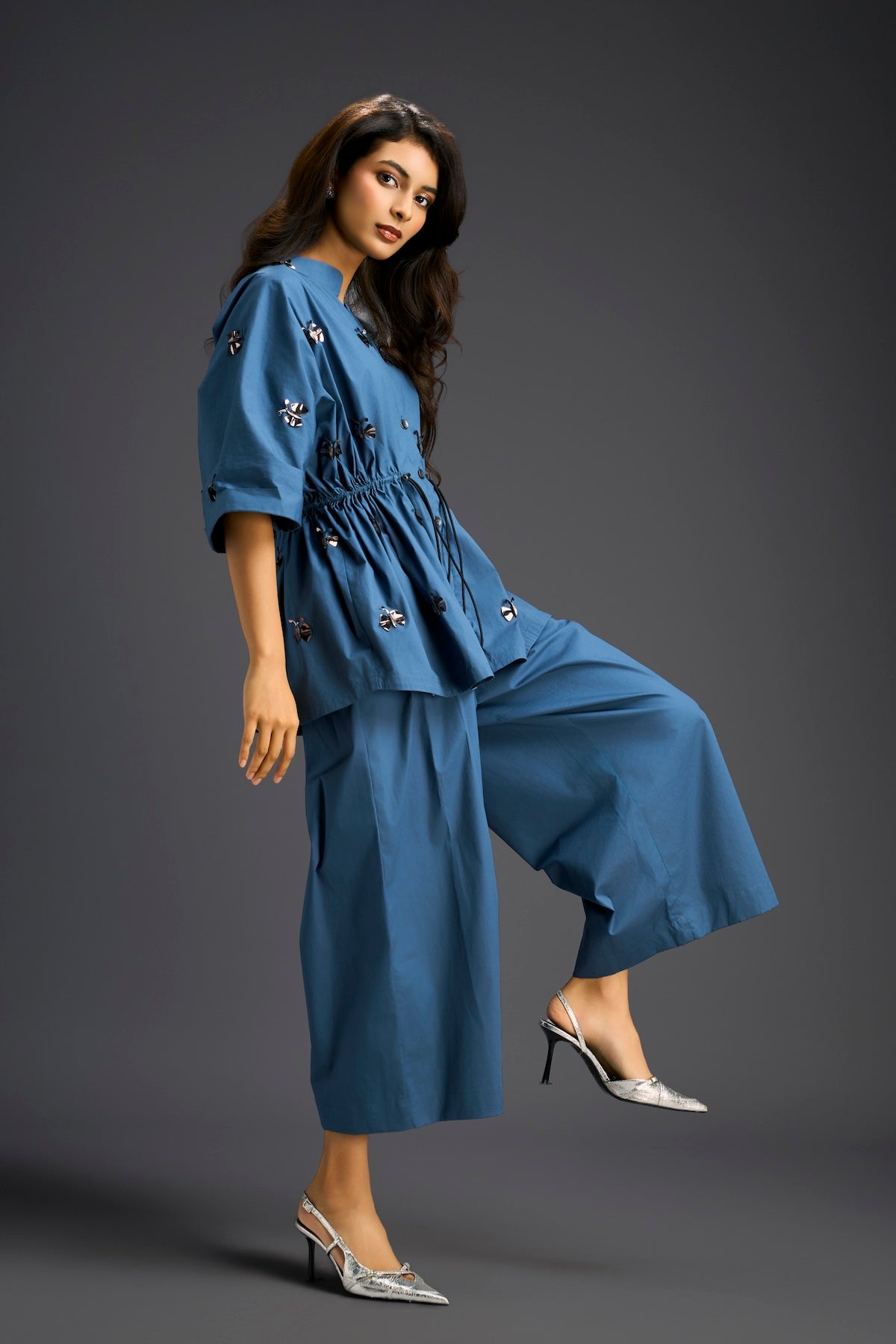 Blue Butterfly Embellished Drawstring Shirt & Wide-Leg Pants Set