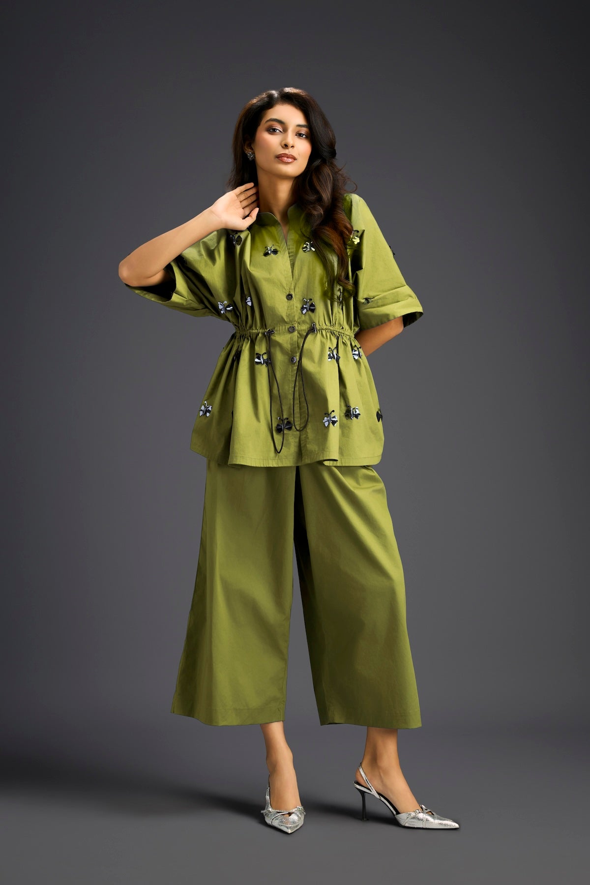Green Butterfly Embellished Drawstring Shirt & Wide-Leg Pants Set