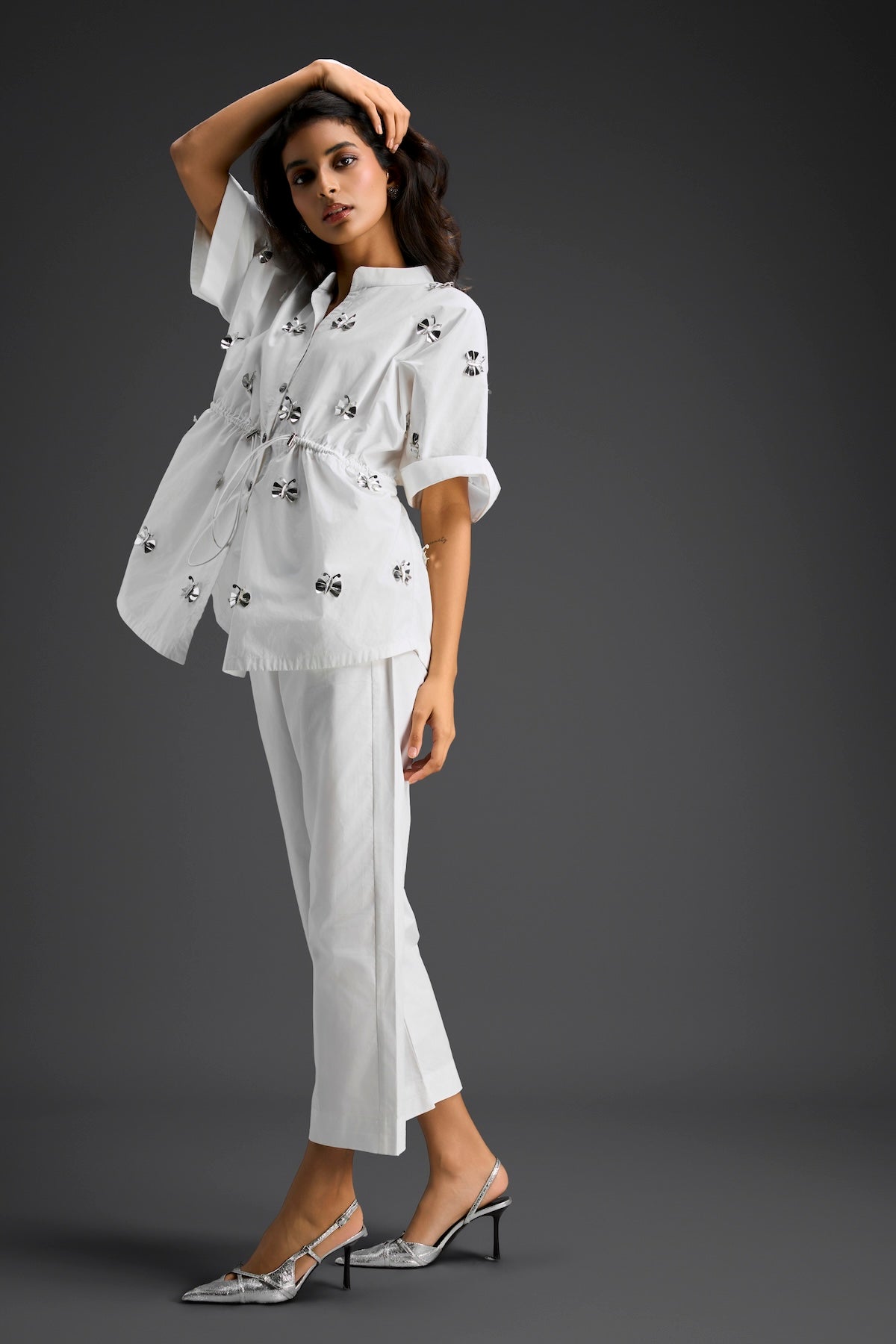 White Butterfly Embellished Drawstring Shirt & Wide-Leg Pants Set