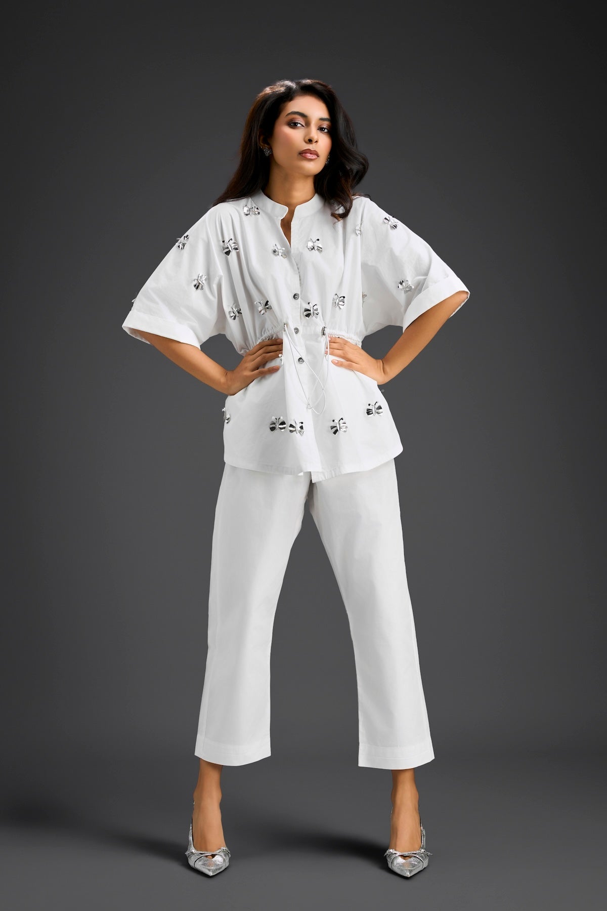 White Butterfly Embellished Drawstring Shirt & Wide-Leg Pants Set