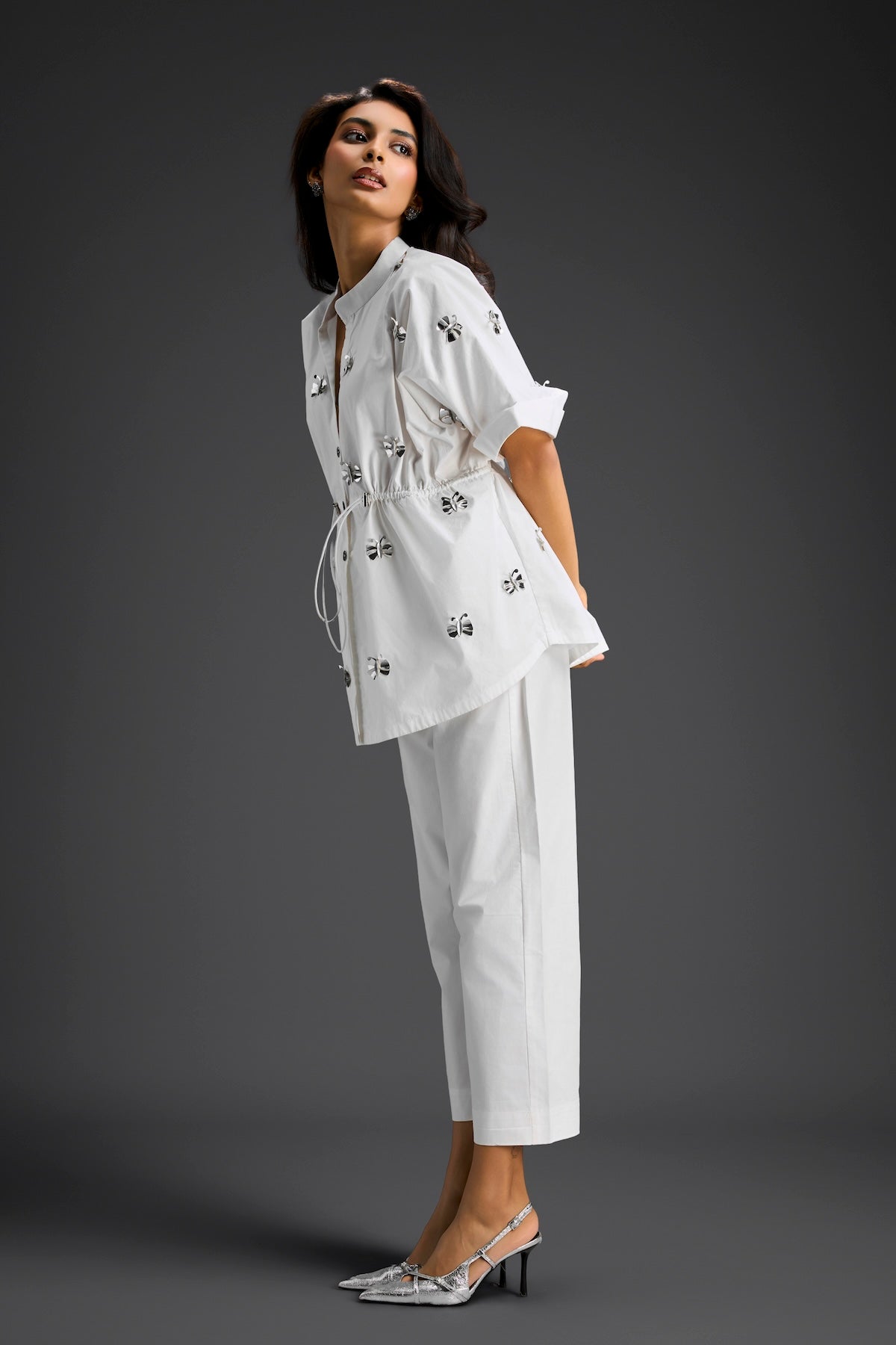 White Butterfly Embellished Drawstring Shirt & Wide-Leg Pants Set