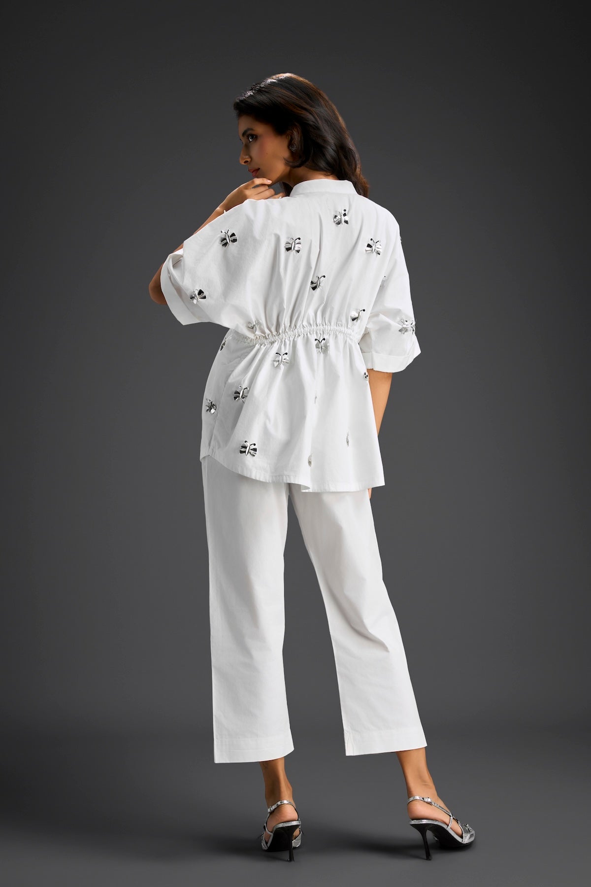 White Butterfly Embellished Drawstring Shirt & Wide-Leg Pants Set