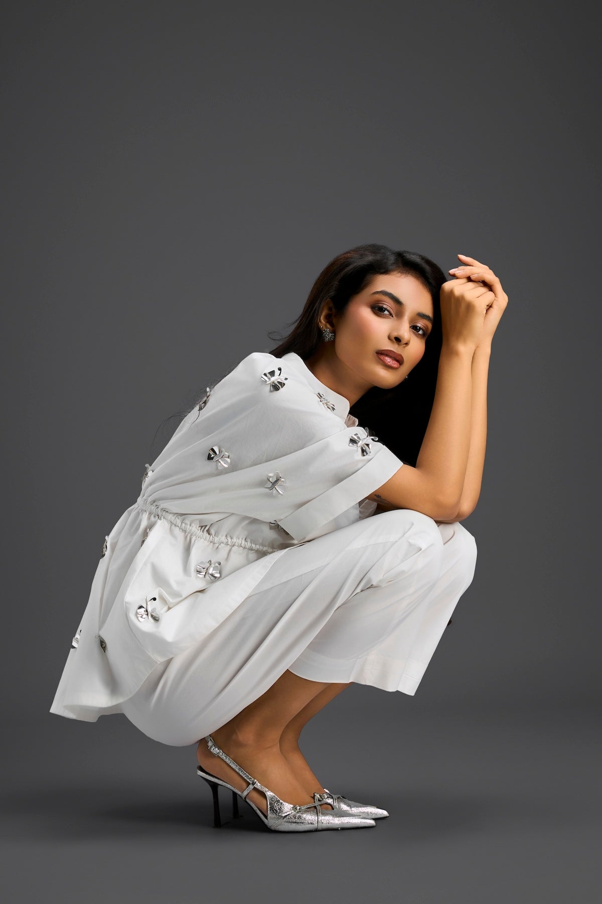 White Butterfly Embellished Drawstring Shirt & Wide-Leg Pants Set
