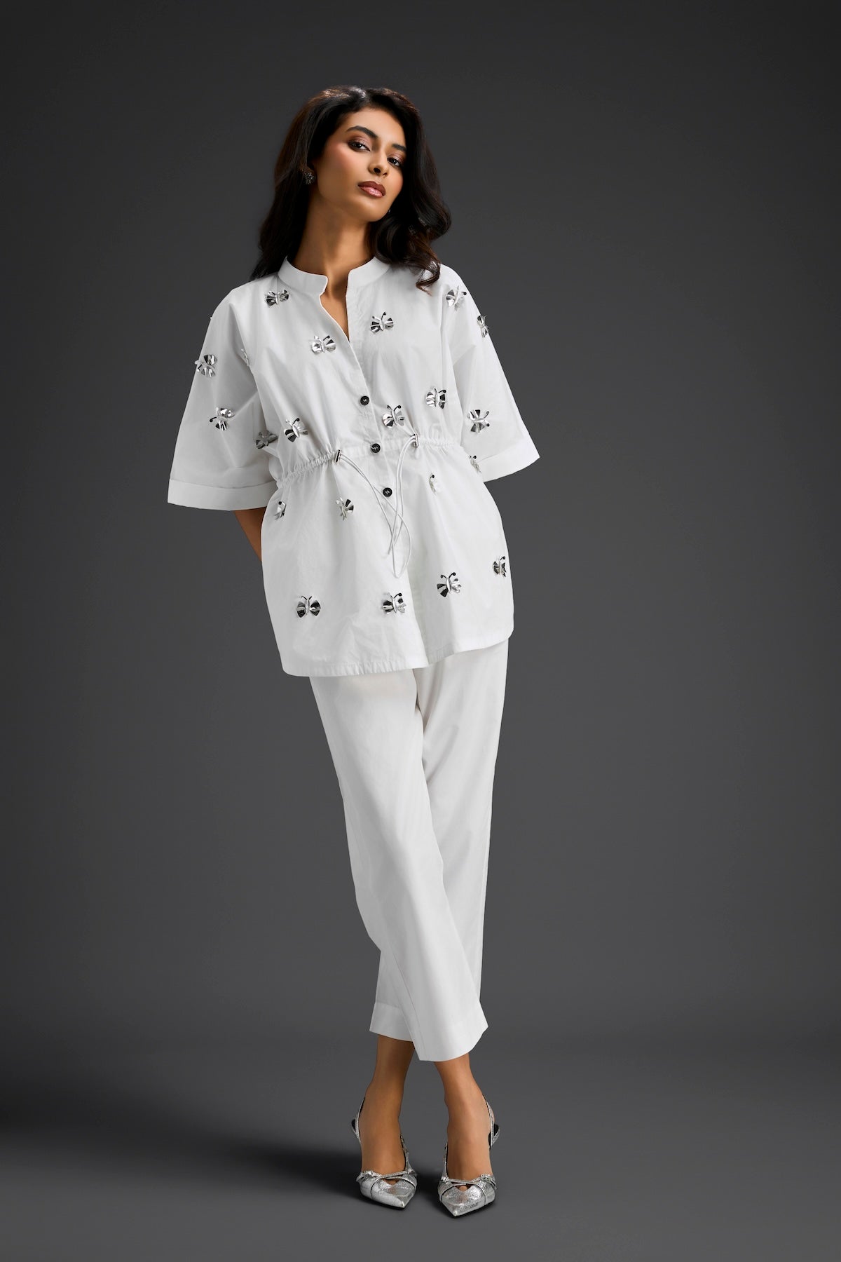 White Butterfly Embellished Drawstring Shirt & Wide-Leg Pants Set