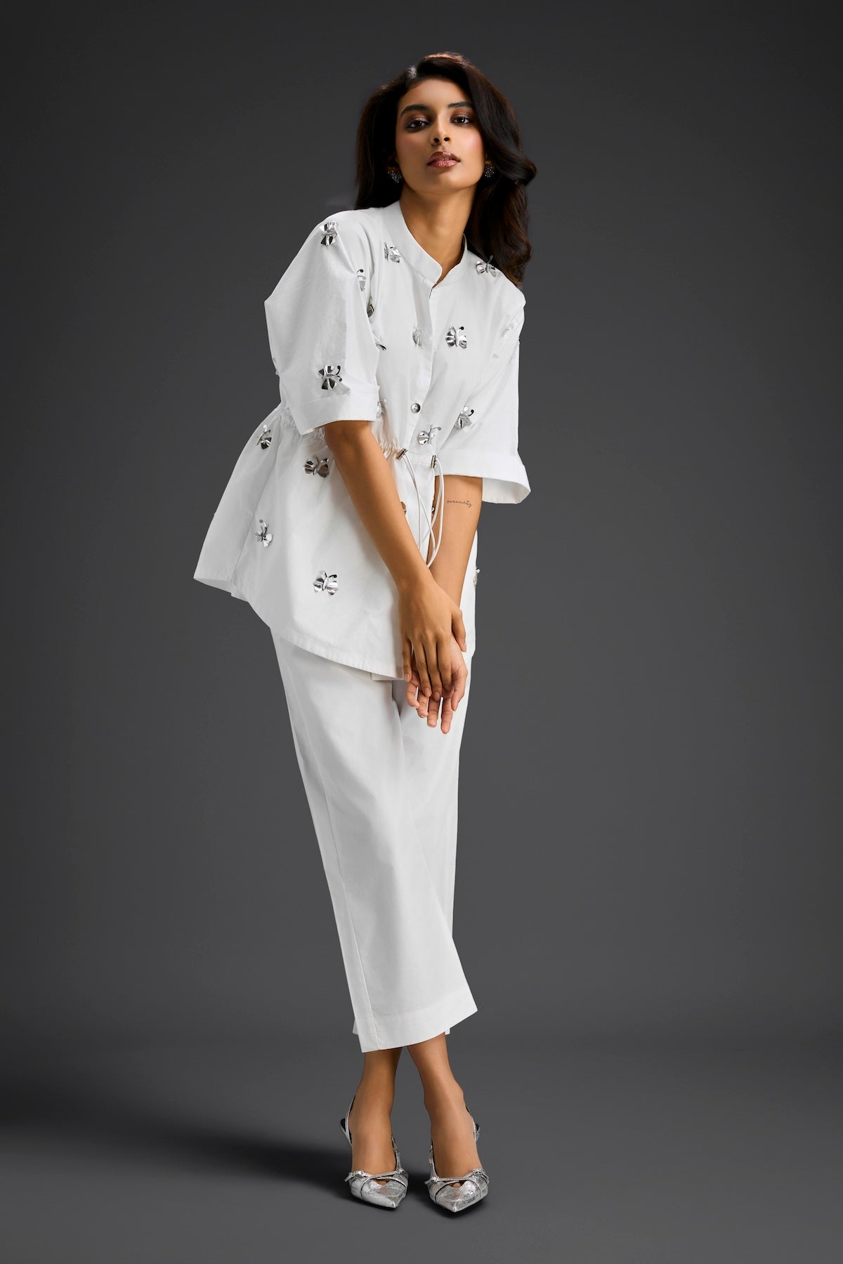 White Butterfly Embellished Drawstring Shirt & Wide-Leg Pants Set