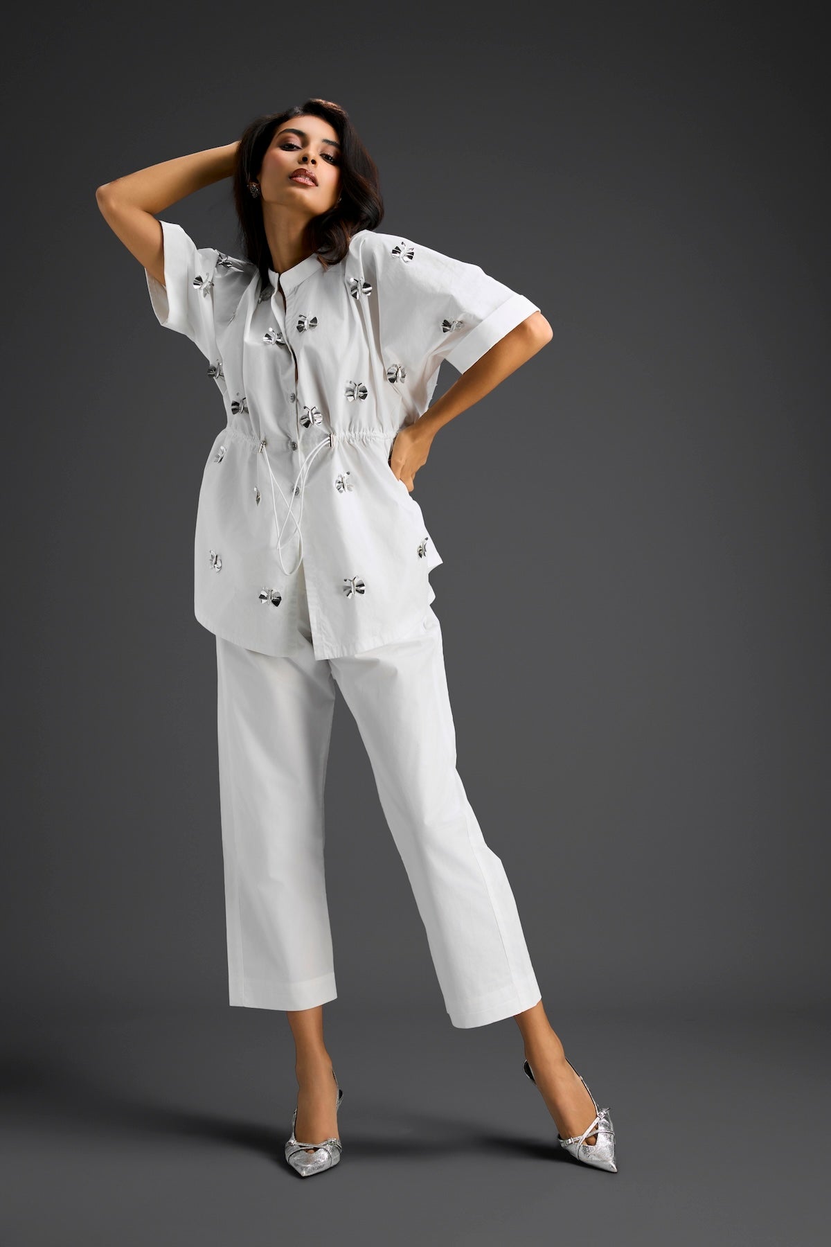 White Butterfly Embellished Drawstring Shirt & Wide-Leg Pants Set