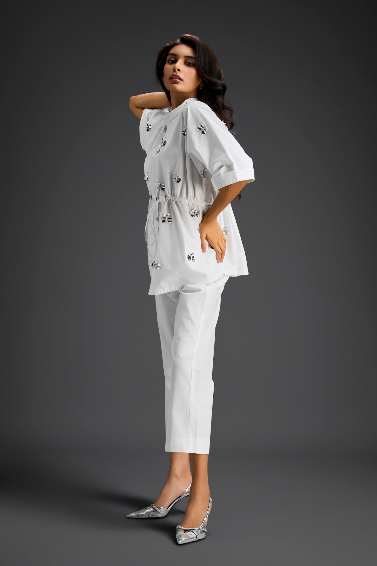 White Butterfly Embellished Drawstring Shirt & Wide-Leg Pants Set