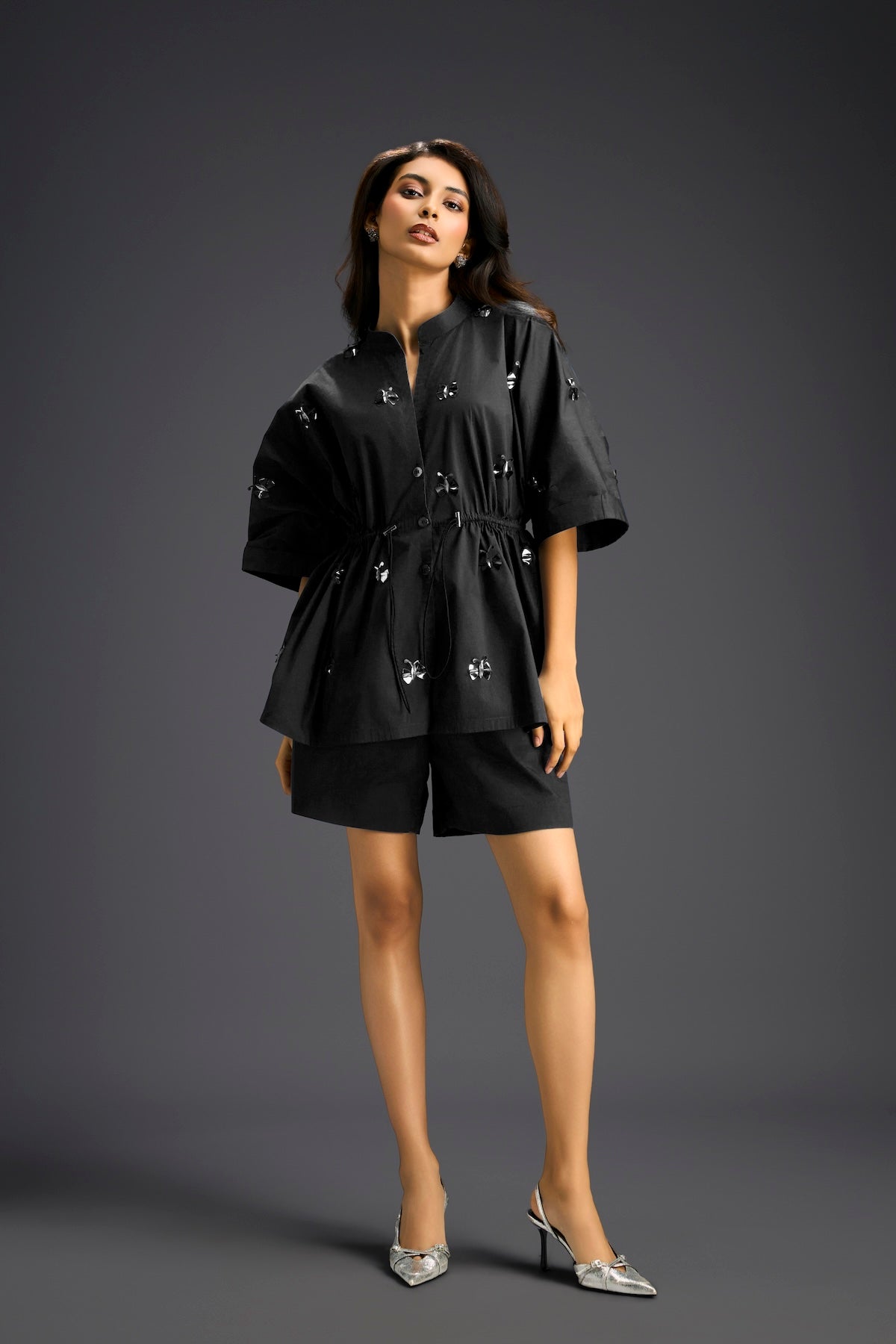 Black Butterfly Embellished Drawstring Shirt & Shorts Set