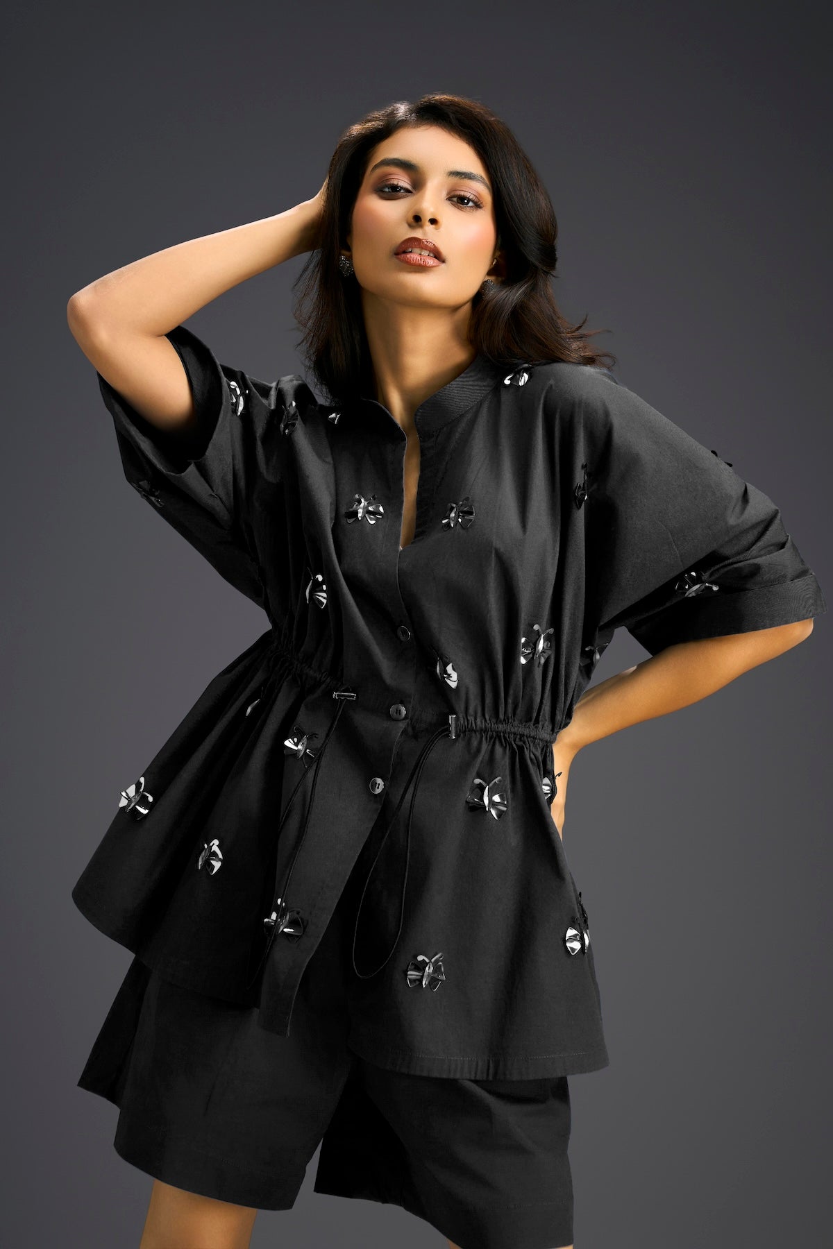 Black Butterfly Embellished Drawstring Shirt & Shorts Set