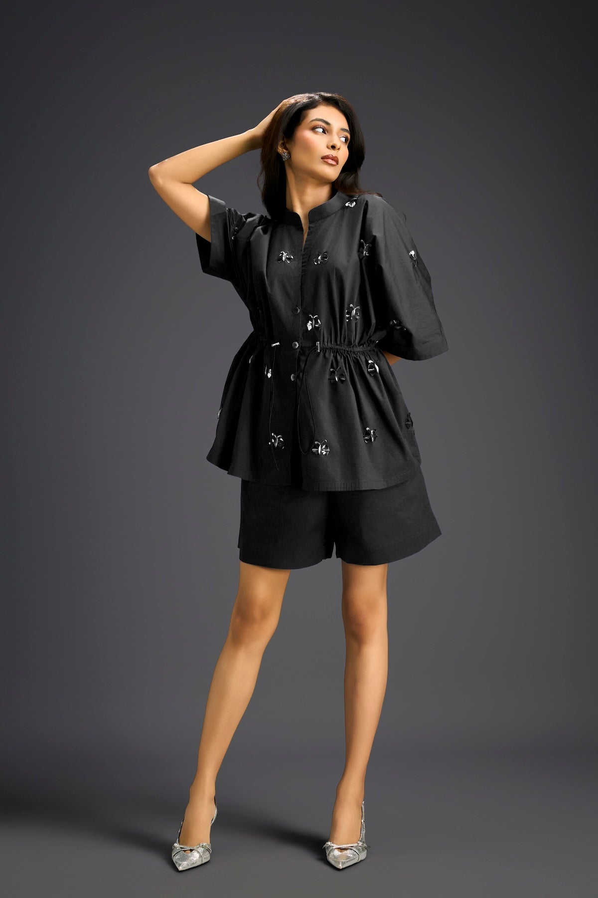 Black Butterfly Embellished Drawstring Shirt & Shorts Set