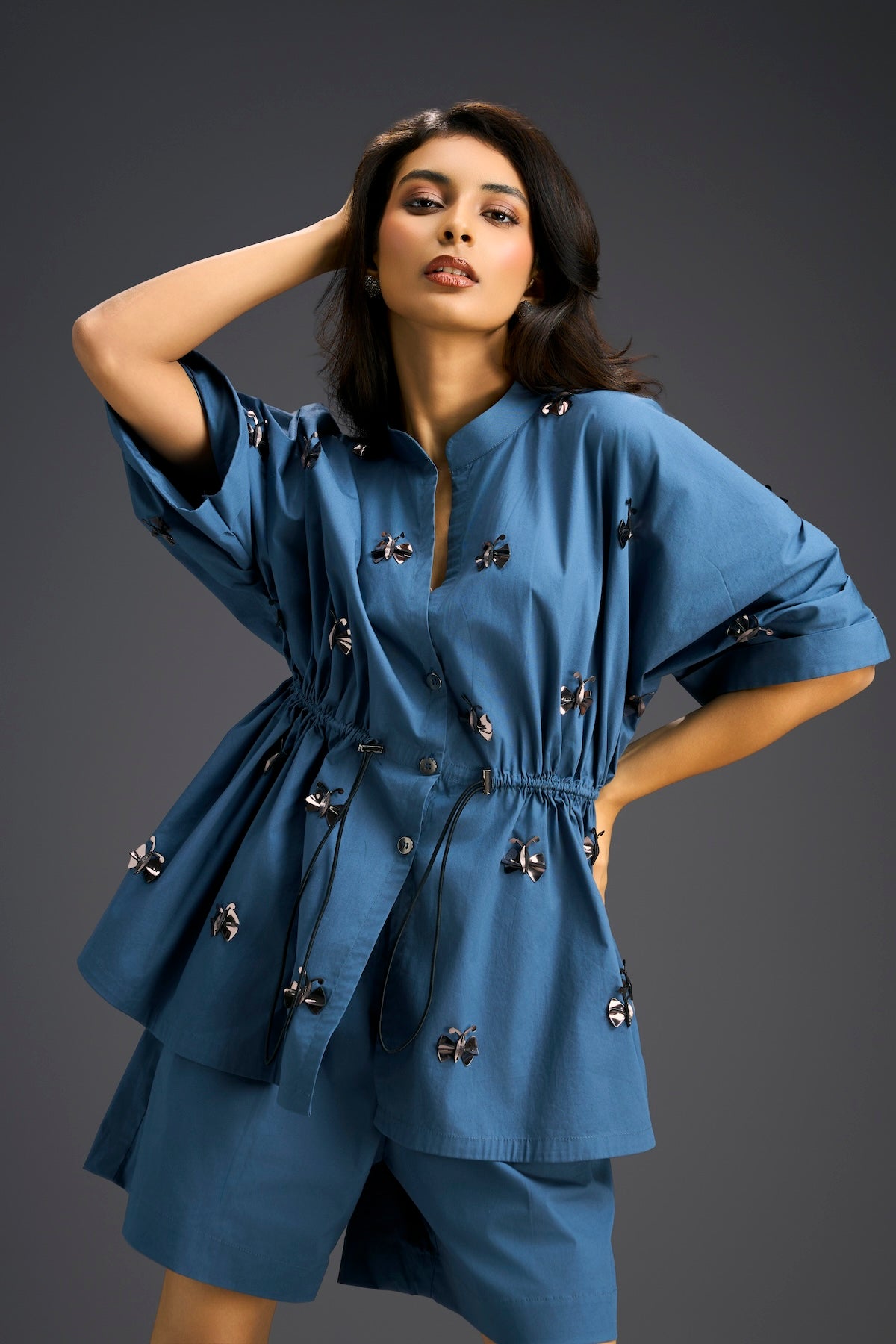 Blue Butterfly Embellished Drawstring Shirt & Shorts Set