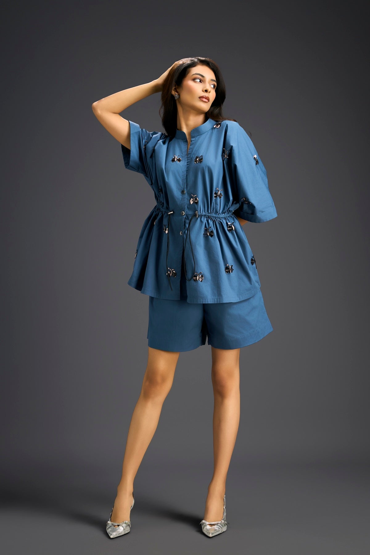Blue Butterfly Embellished Drawstring Shirt & Shorts Set