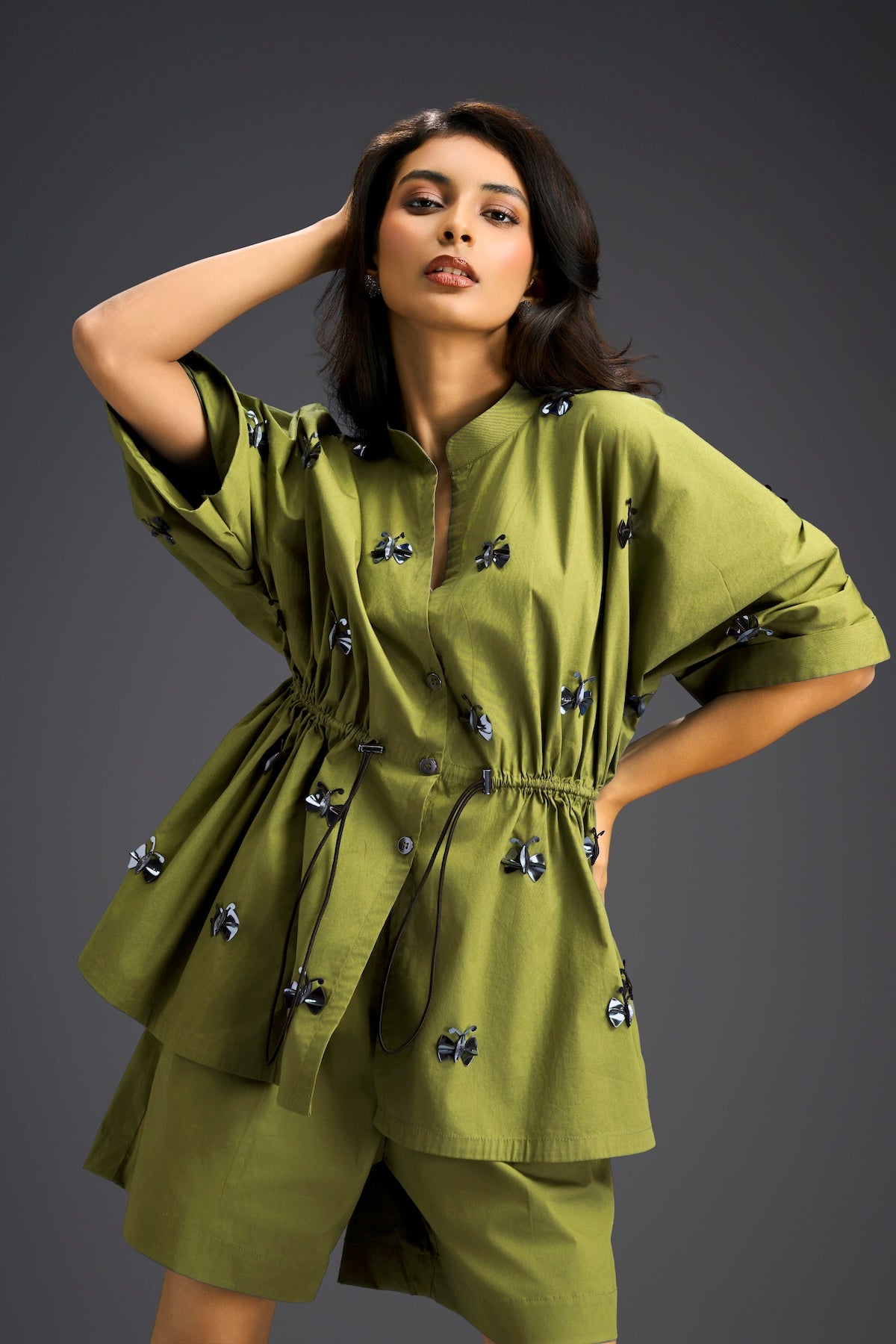 Green Butterfly Embellished Drawstring Shirt & Shorts Set