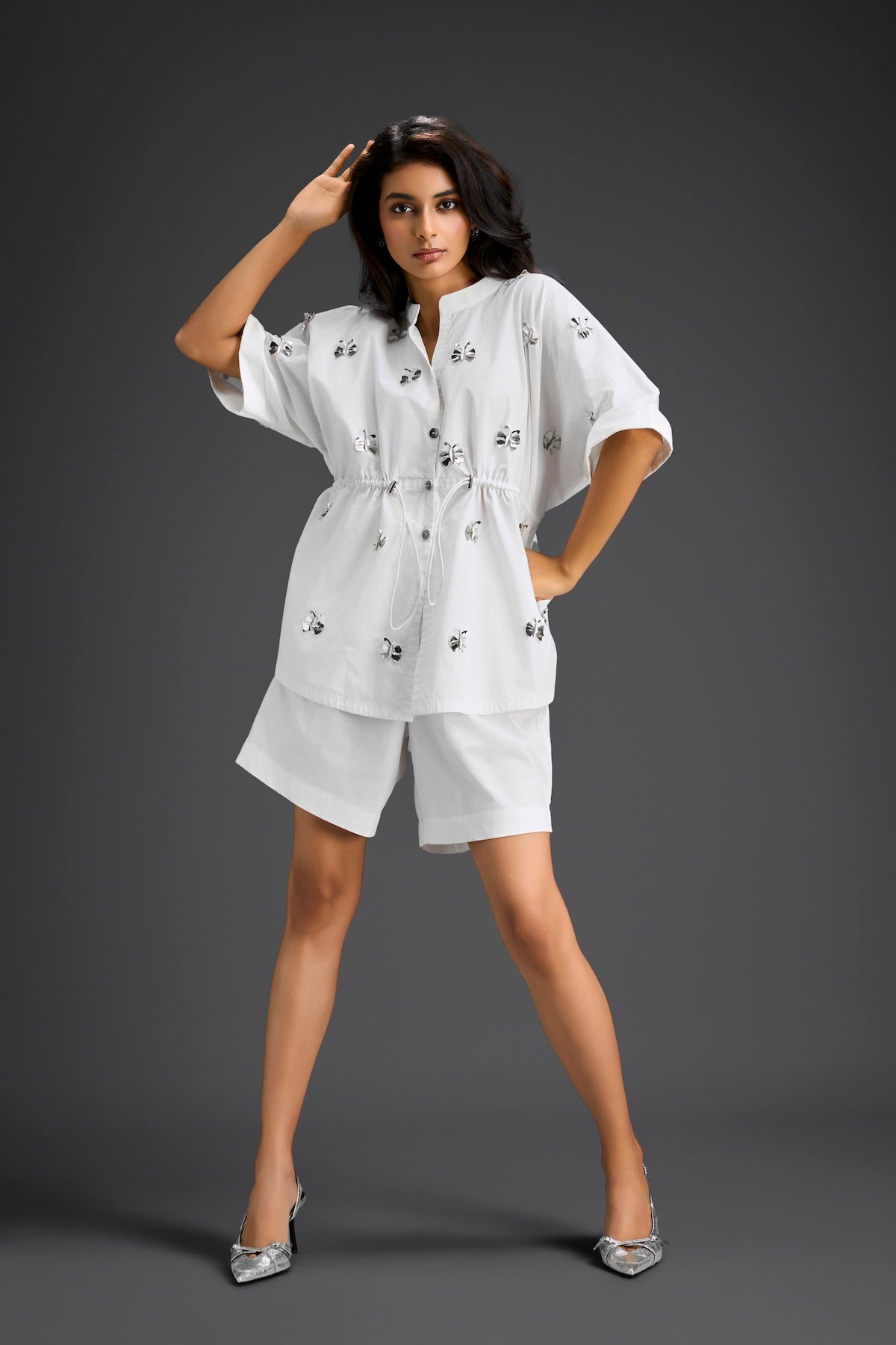 White Butterfly Embellished Drawstring Shirt & Shorts Set