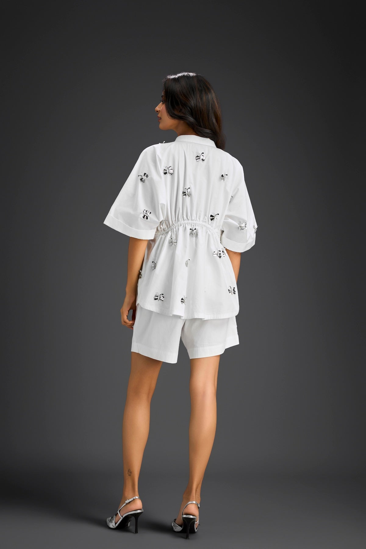 White Butterfly Embellished Drawstring Shirt & Shorts Set
