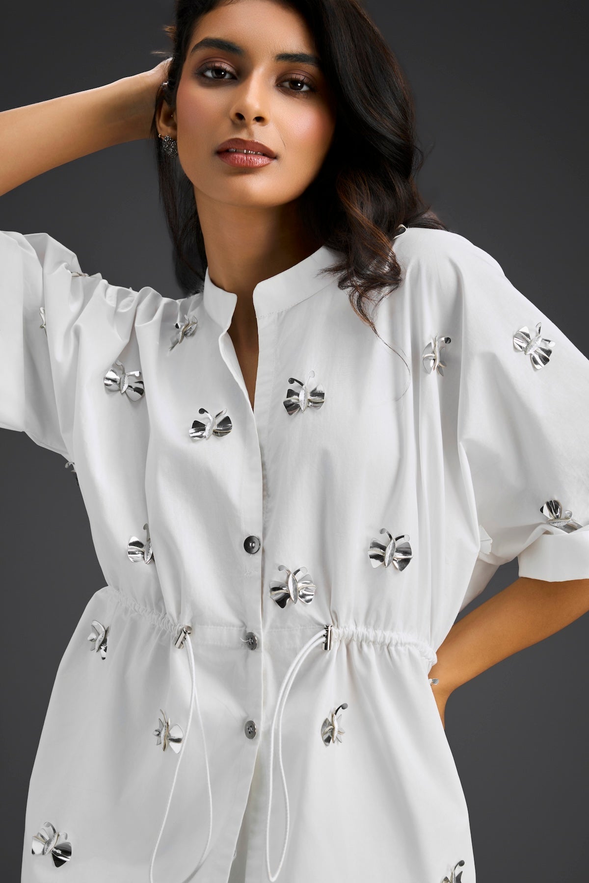 White Butterfly Embellished Drawstring Shirt & Shorts Set
