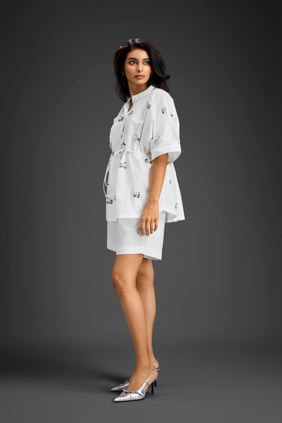 White Butterfly Embellished Drawstring Shirt & Shorts Set