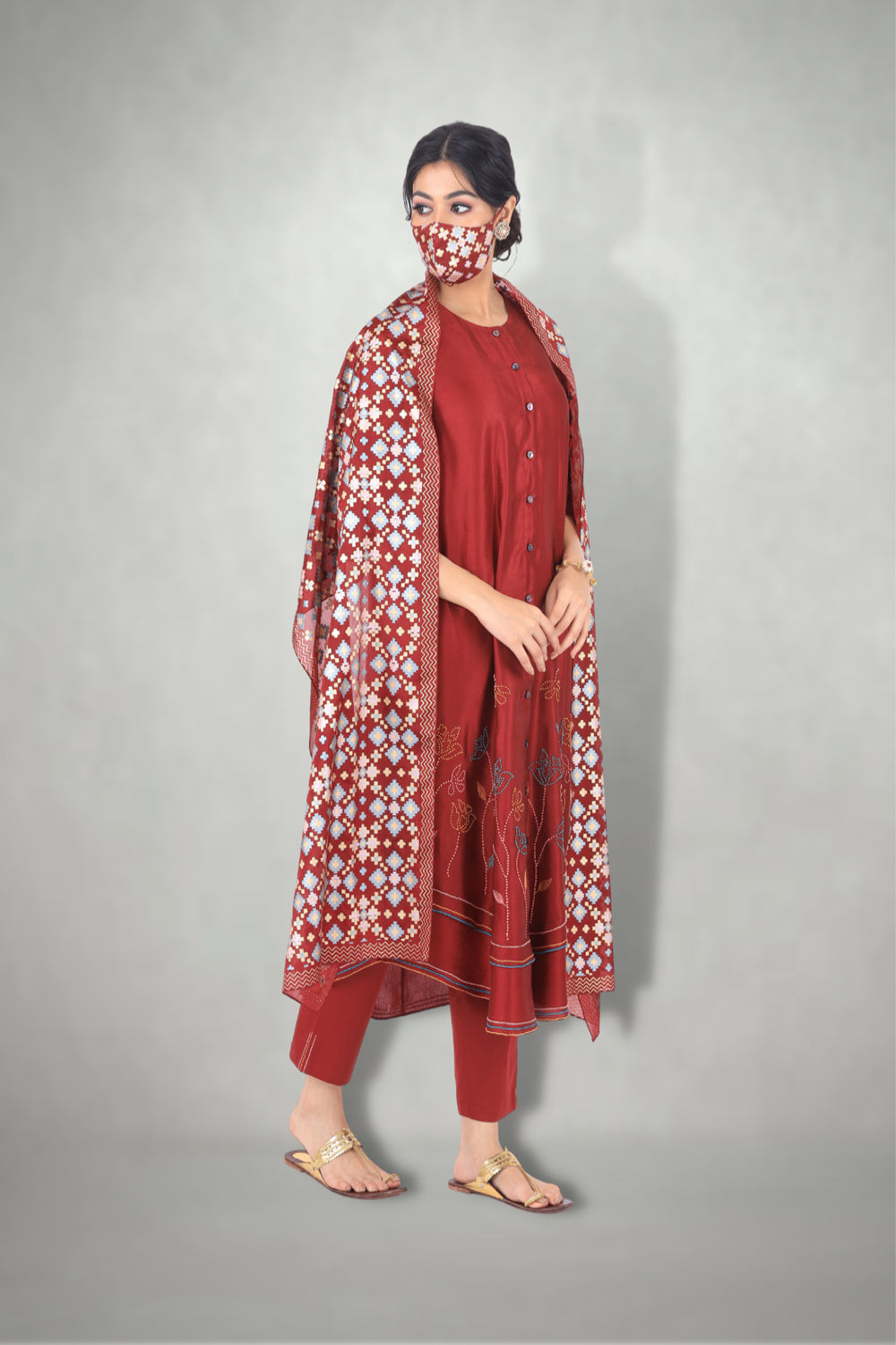 Burgandy French Knots Embroidered  Suit Set