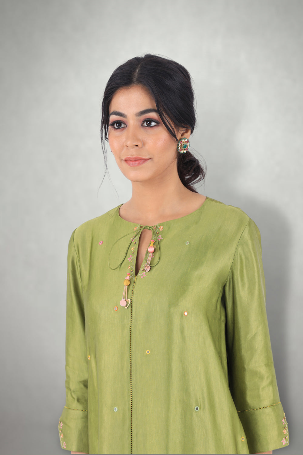 Olive Green Aari &  Mirror Work Suit Set