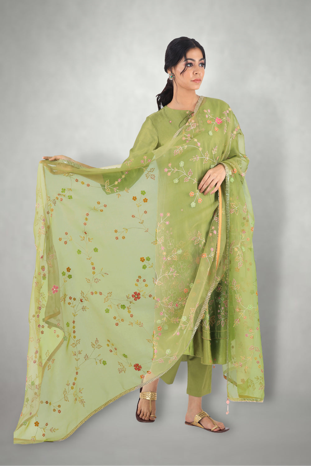 Olive Green Aari &  Mirror Work Suit Set