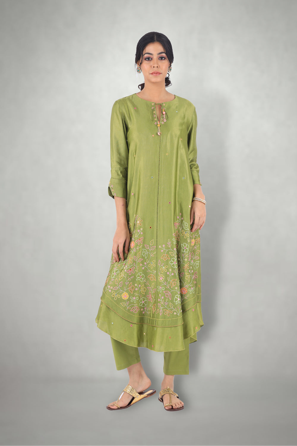 Olive Green Aari &  Mirror Work Suit Set