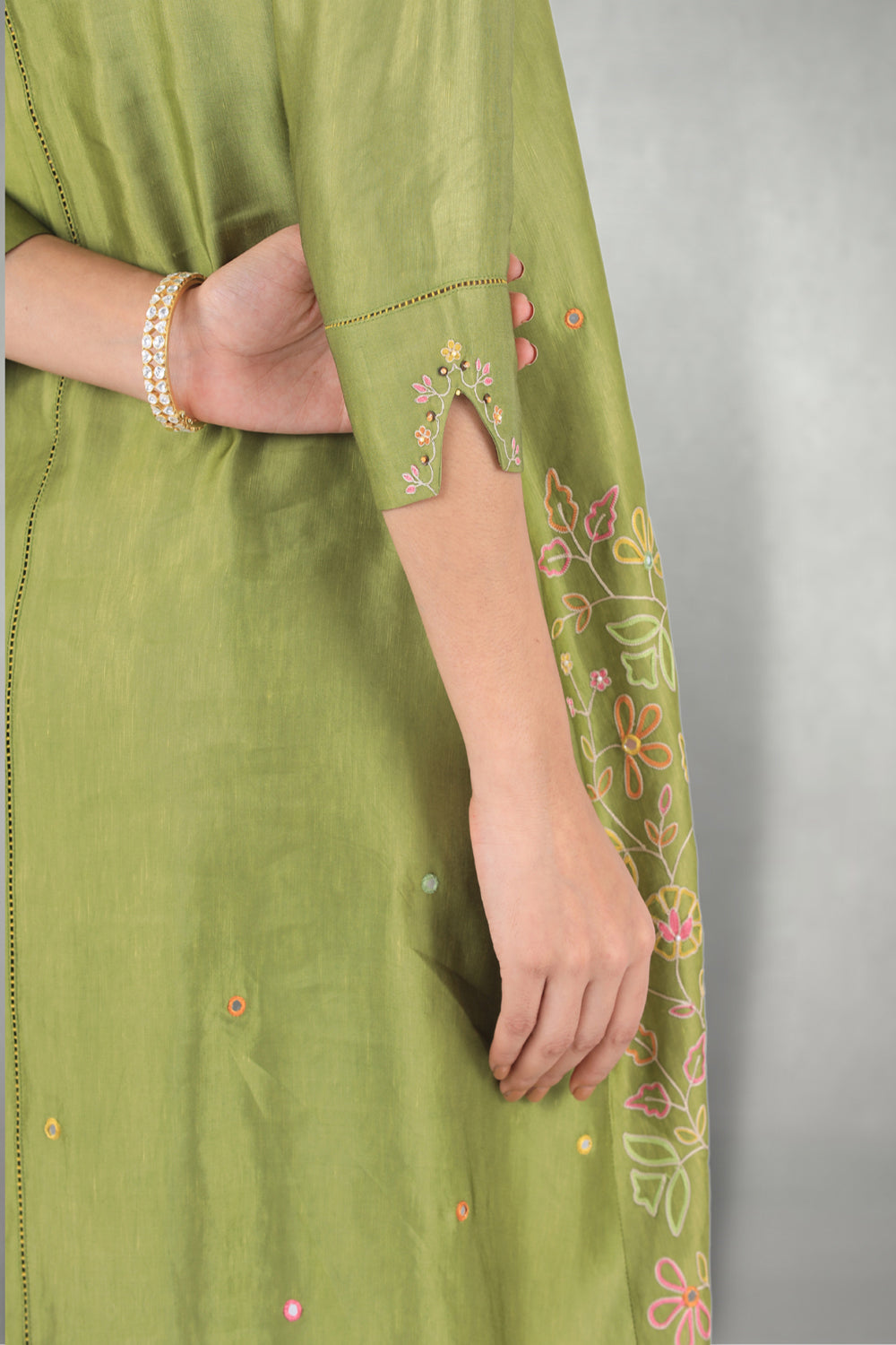 Olive Green Aari &  Mirror Work Suit Set