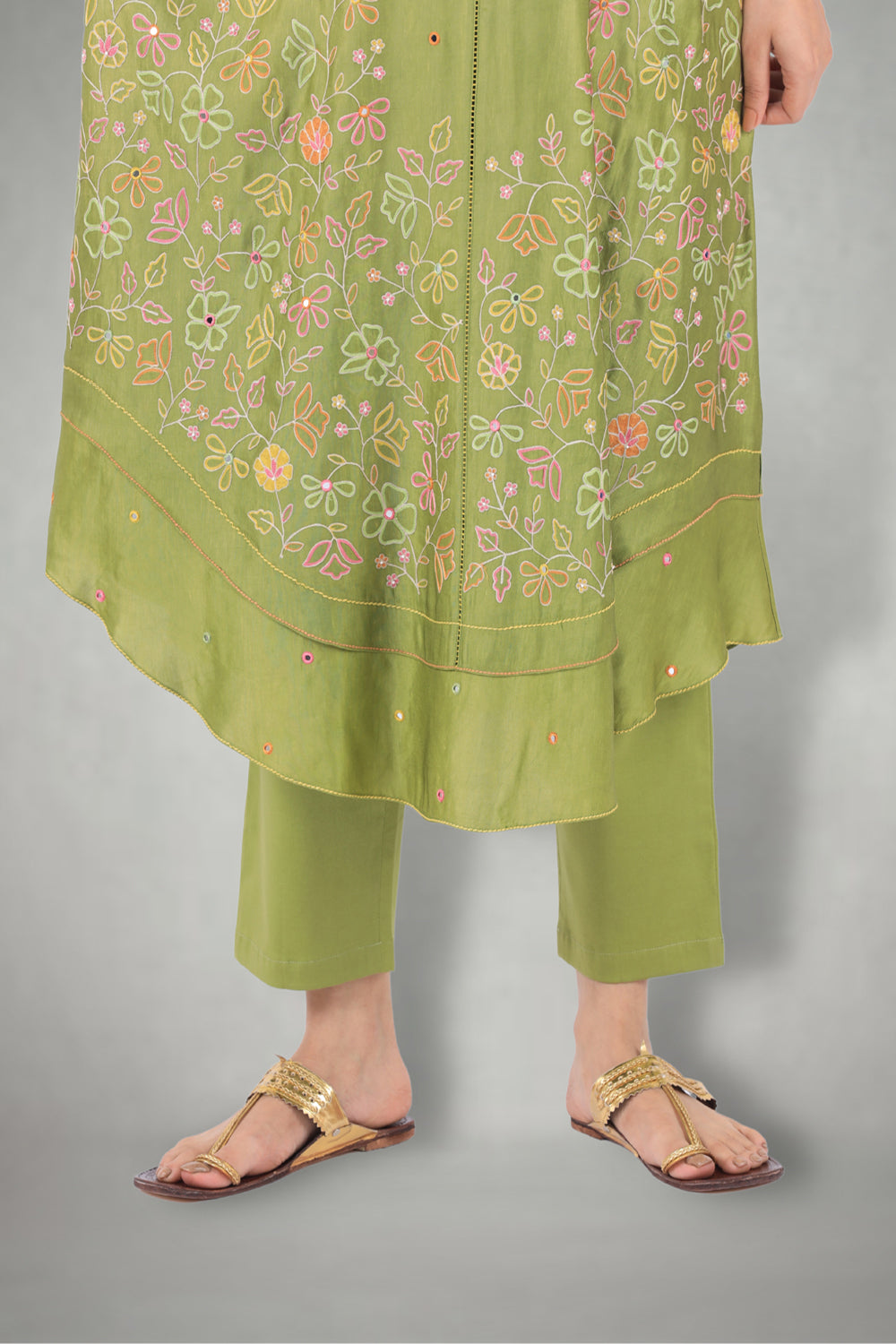 Olive Green Aari &  Mirror Work Suit Set