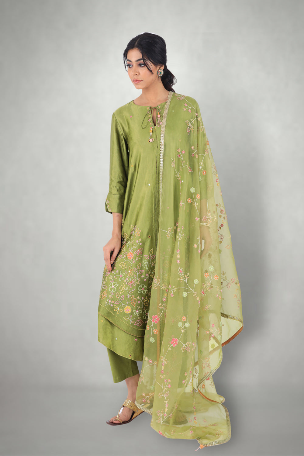 Olive Green Aari &  Mirror Work Suit Set