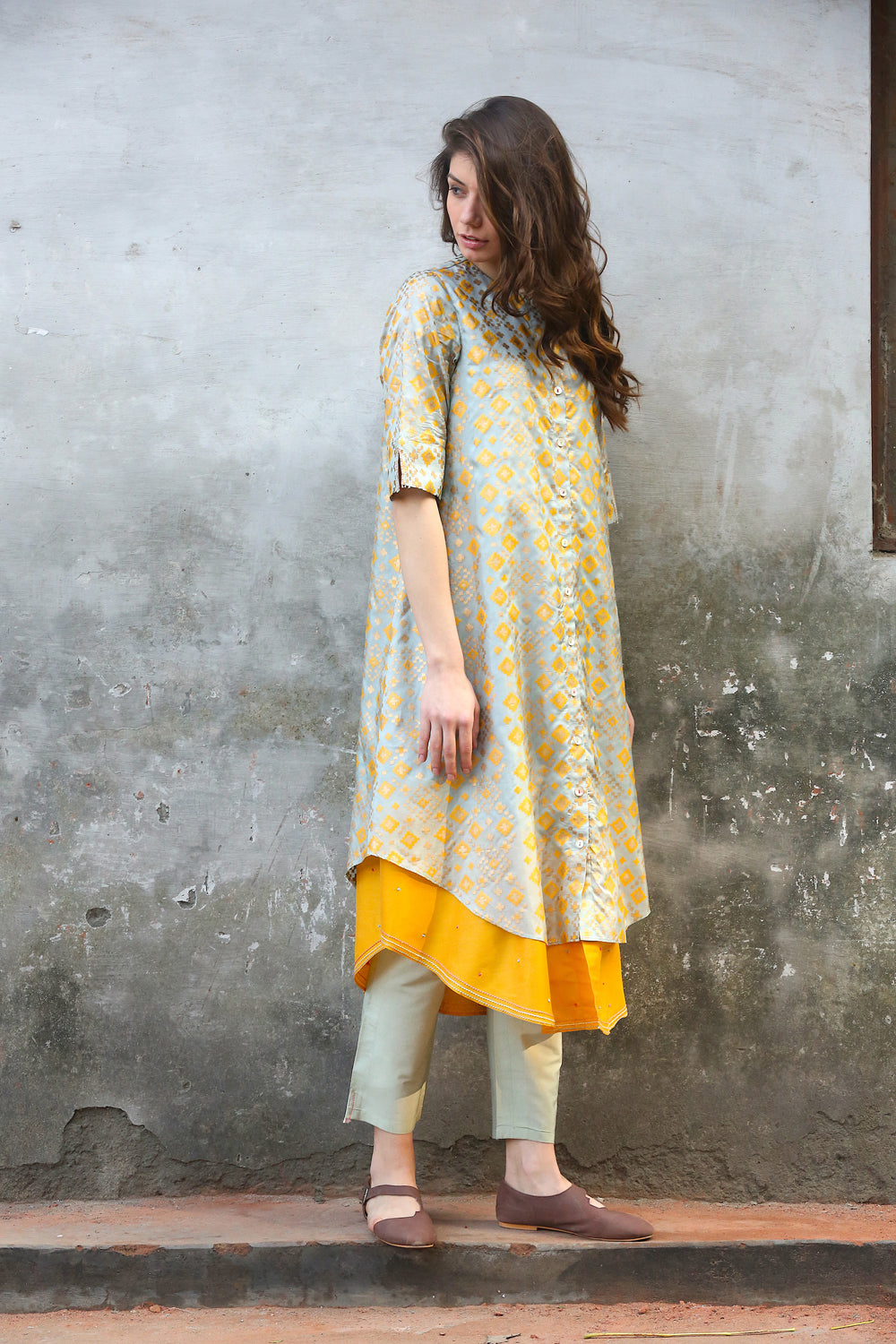 Mint Mustard Ikat Printed  Kurta Set