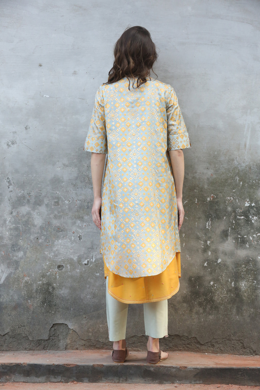 Mint Mustard Ikat Printed  Kurta Set