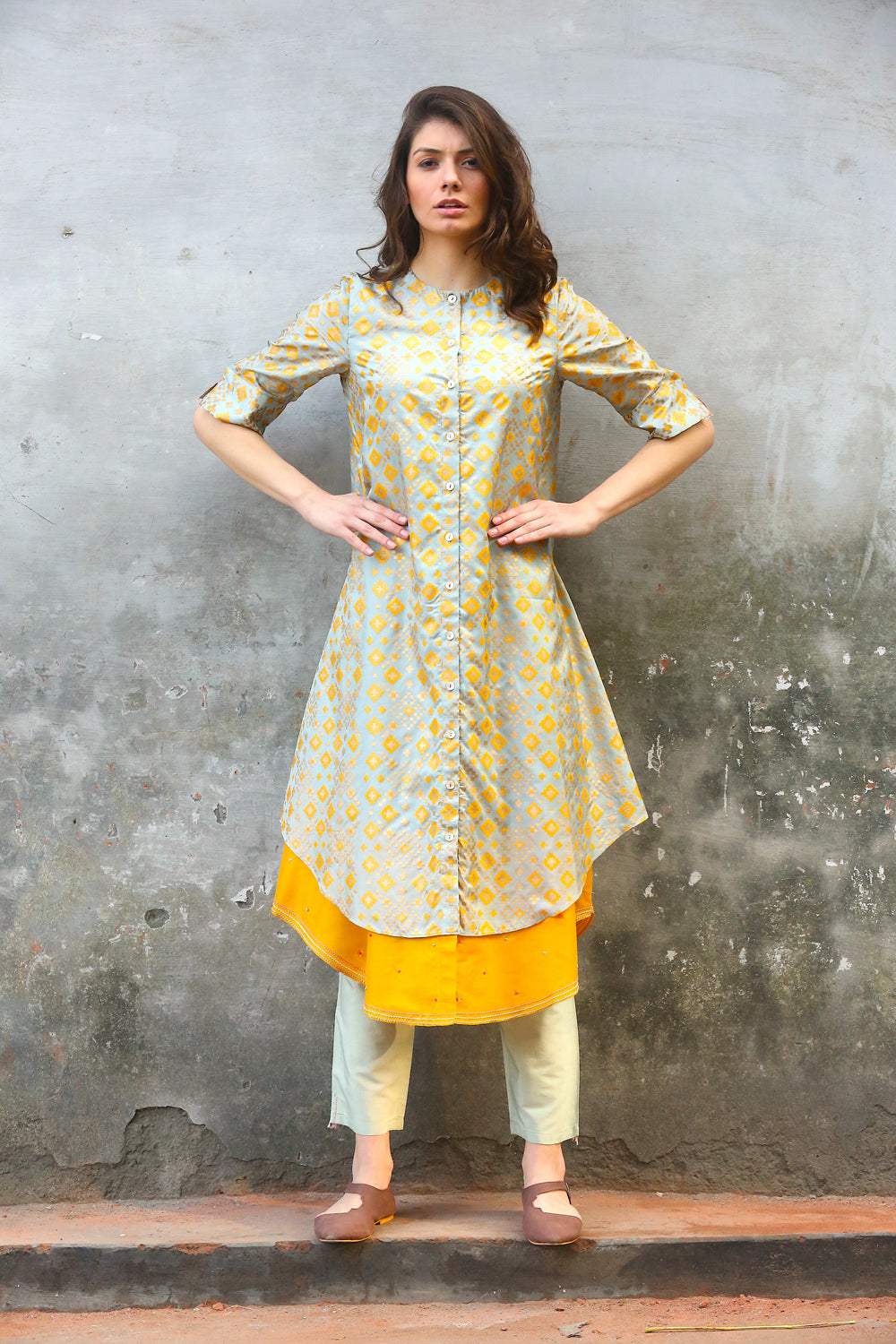 Mint Mustard Ikat Printed  Kurta Set