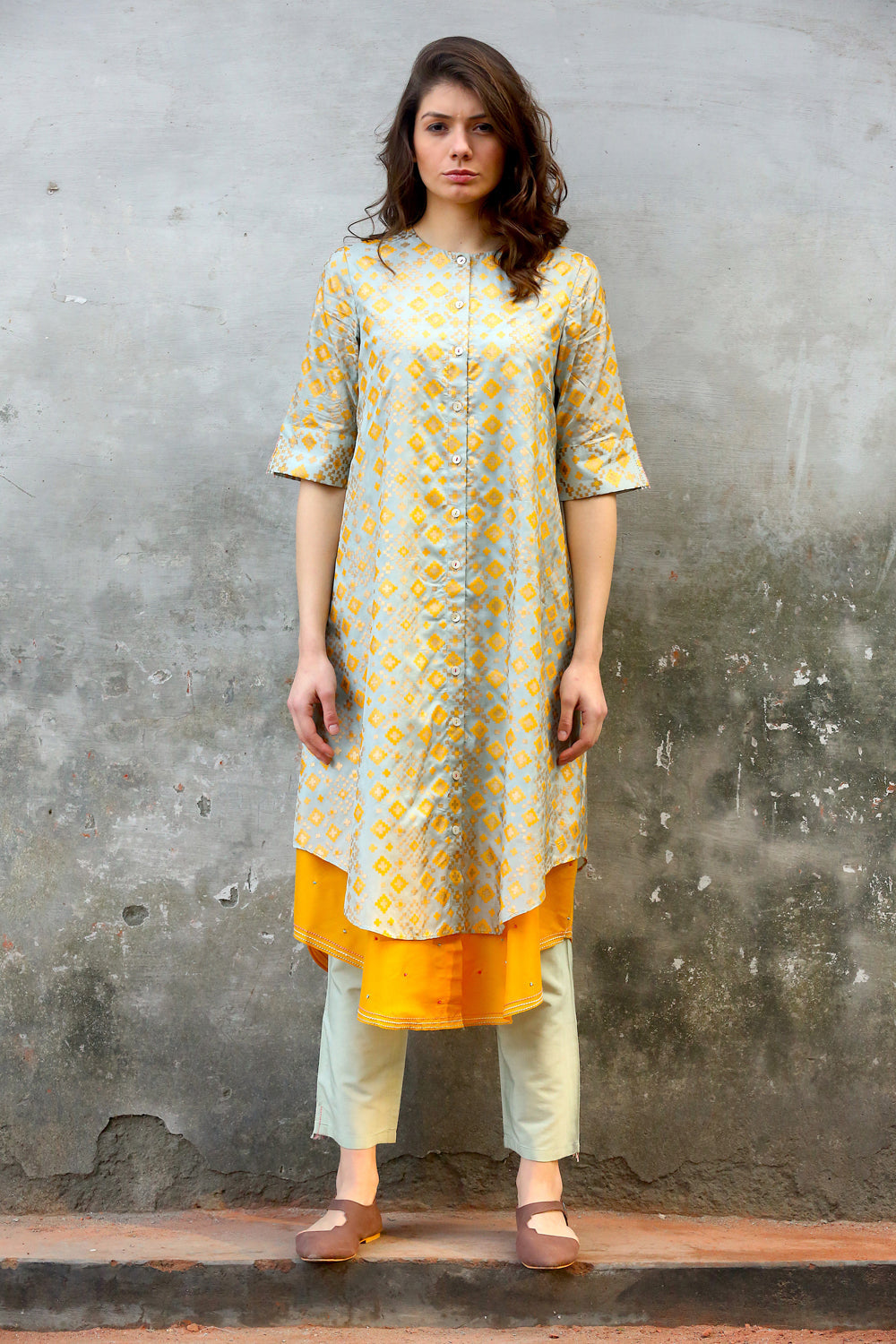 Mint Mustard Ikat Printed  Kurta Set