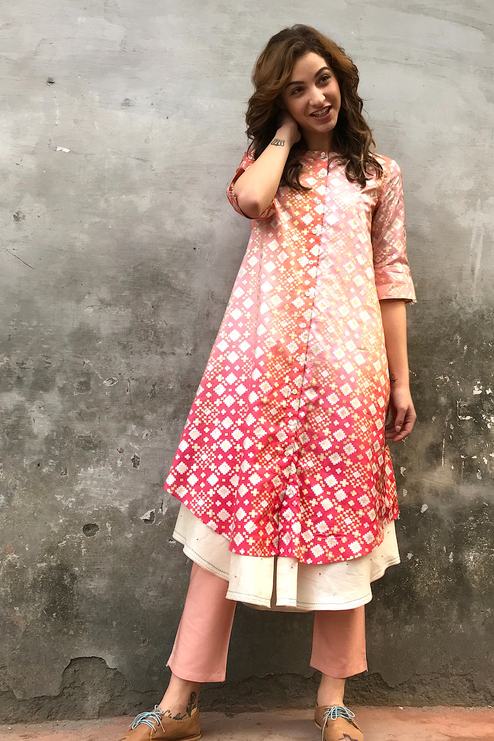 Peach Pink Ombre Ikat Printed Kurta Set