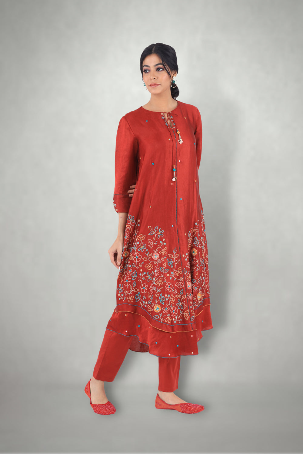 Rusty Red Aari &  Mirror Work Suit Set