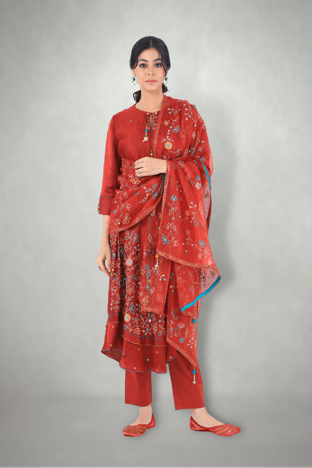 Rusty Red Aari &  Mirror Work Suit Set