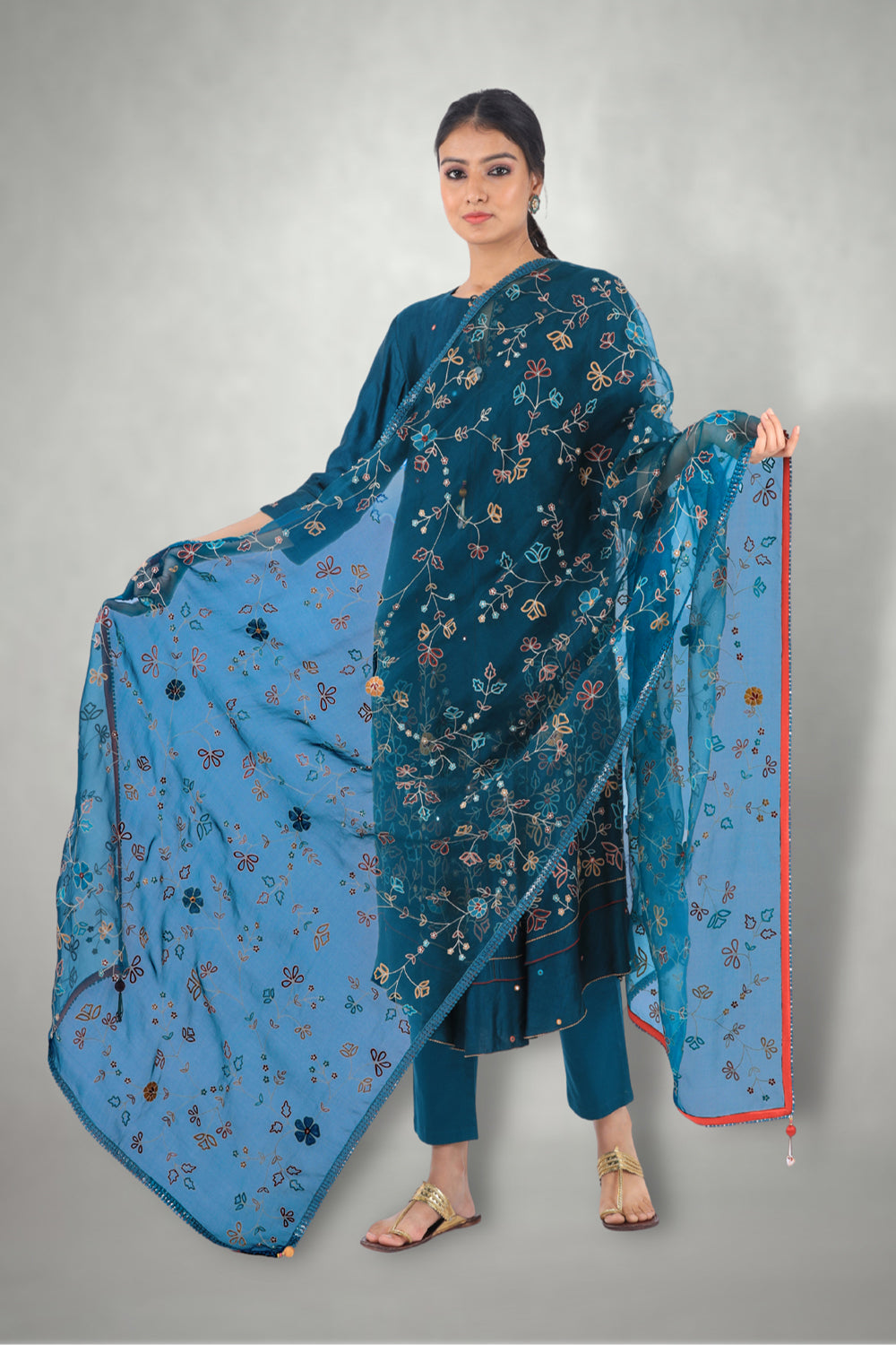 Teal Aari &  Mirror Work Suit Set