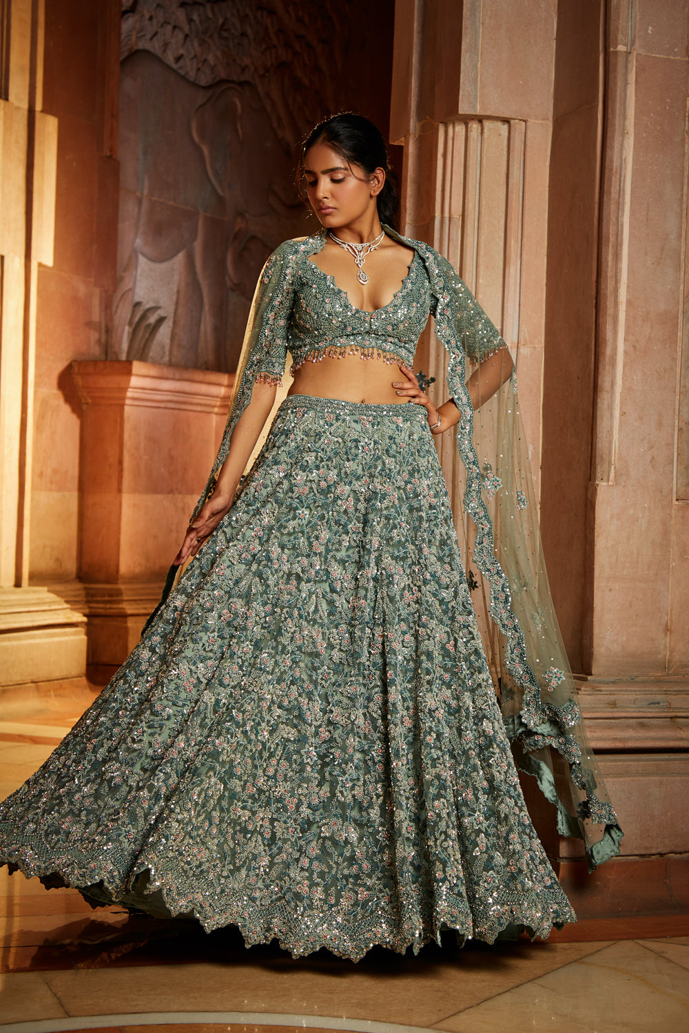 Sage Green Tulle Lehenga Choli Set with Floral Sequin Embroidery